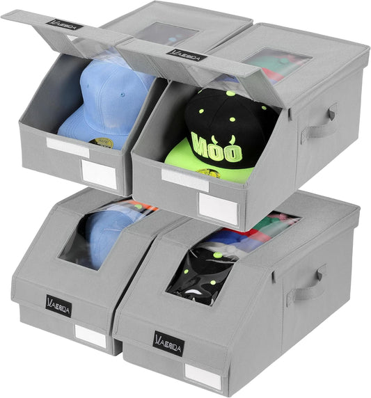 VAESIDA Hat Organizer for Baseball Caps, 4 Pack Hat Storage Box, Holds up to 56 Caps, Baseball Cap Organizer for Closet/Shelf, Hats Box Holder | Stackable, Foldable, Easy-Access, Clear Lid, Grey