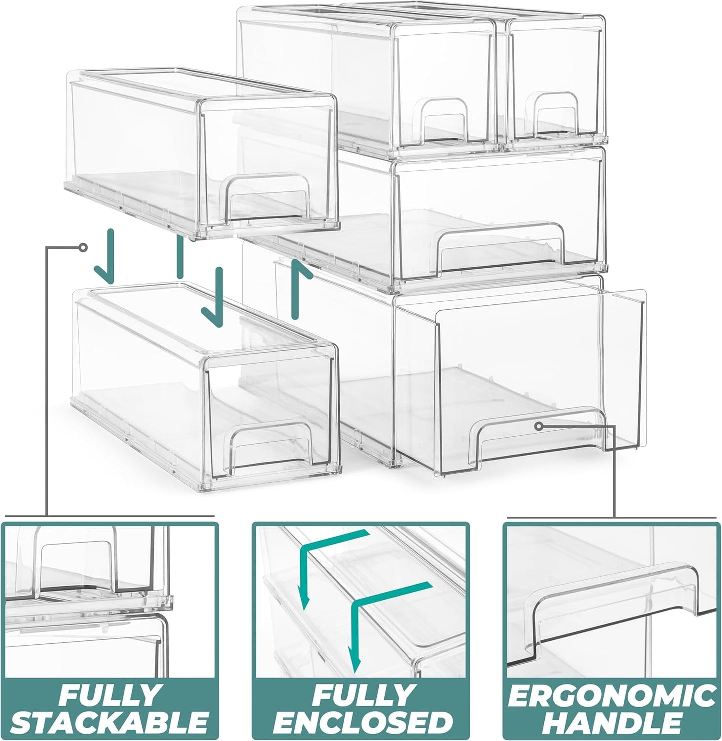 Sorbus Large Clear Stackable Storage Drawers – 4-Pack Plastic Organizer Bins with Handles – Stackable Pull-Out Storage Drawers for Closet, Pantry, Office, Bathroom, Craft, and Toy Organization