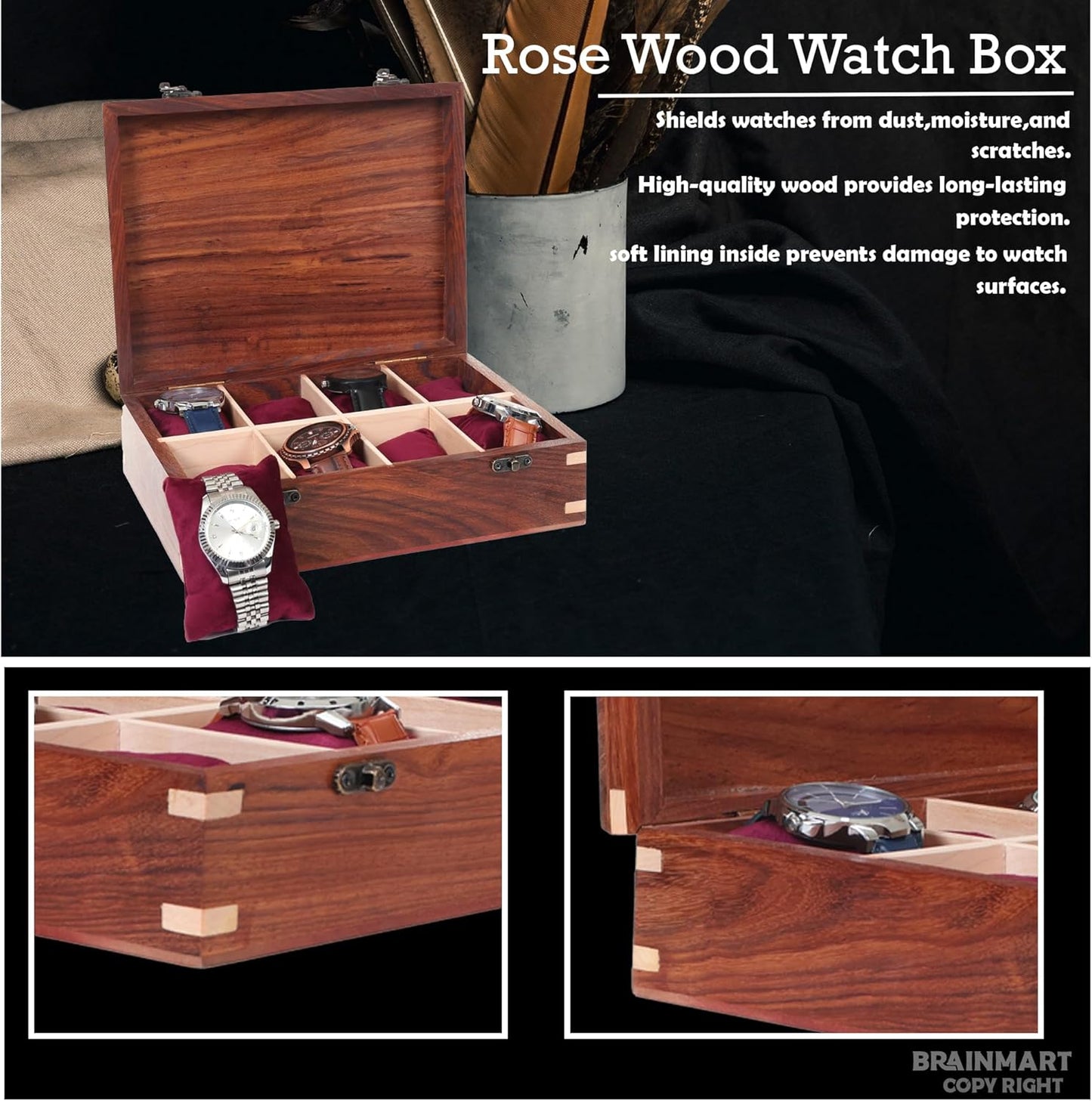 Wooden Watch Box for Men & Women, Watch Organizer & Display Case, Premium Long-Lasting Watch Holder for Storage, Elegant Gift for Watch Collectors (Wood Top, 8 Slots)