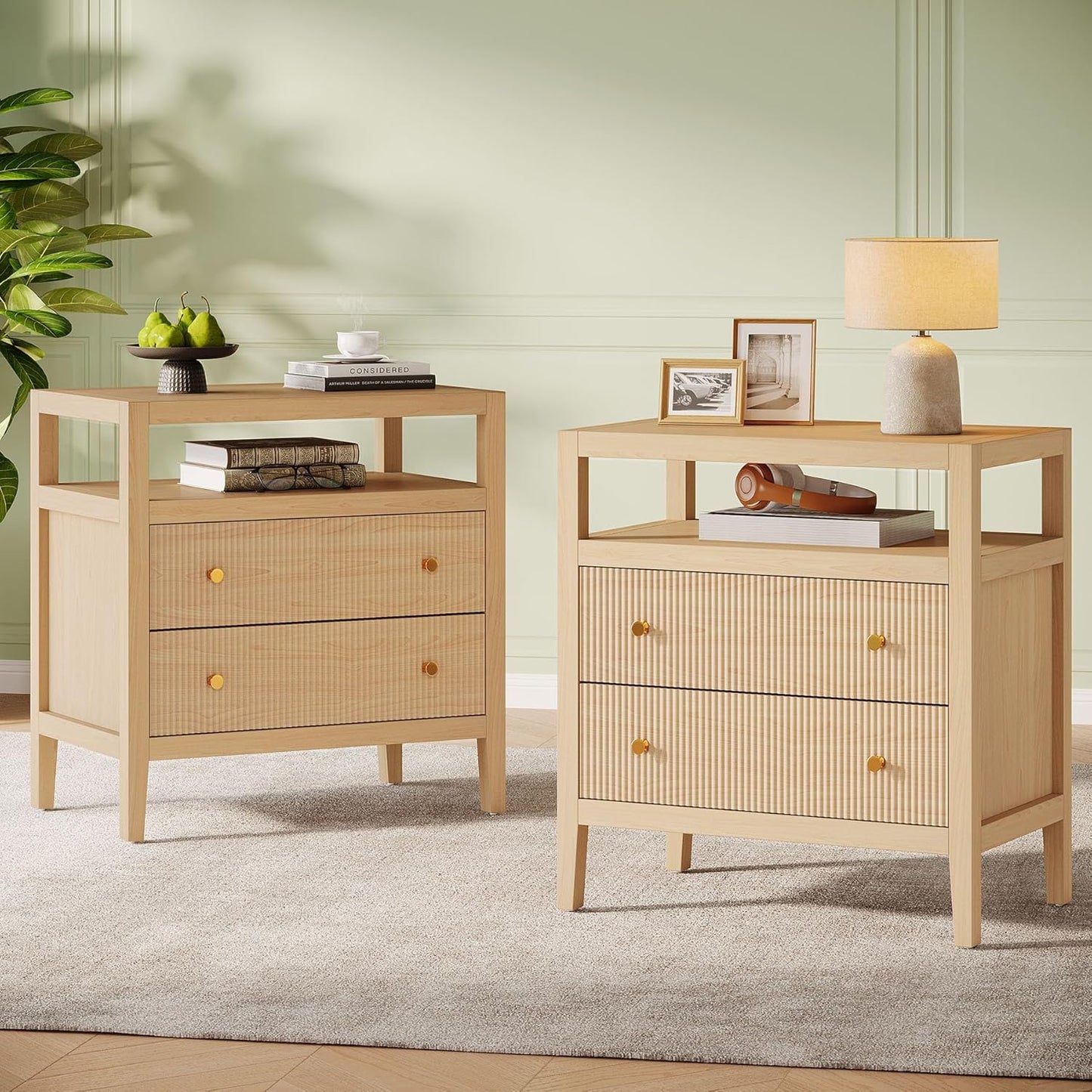 Tribesigns Modern Nightstand, 2-Drawer Nightstand with Open Storage Shelf, 29.52-Inch Wide Bedside Table Large Night Stand for Bedroom, Living Room, Oak (2)