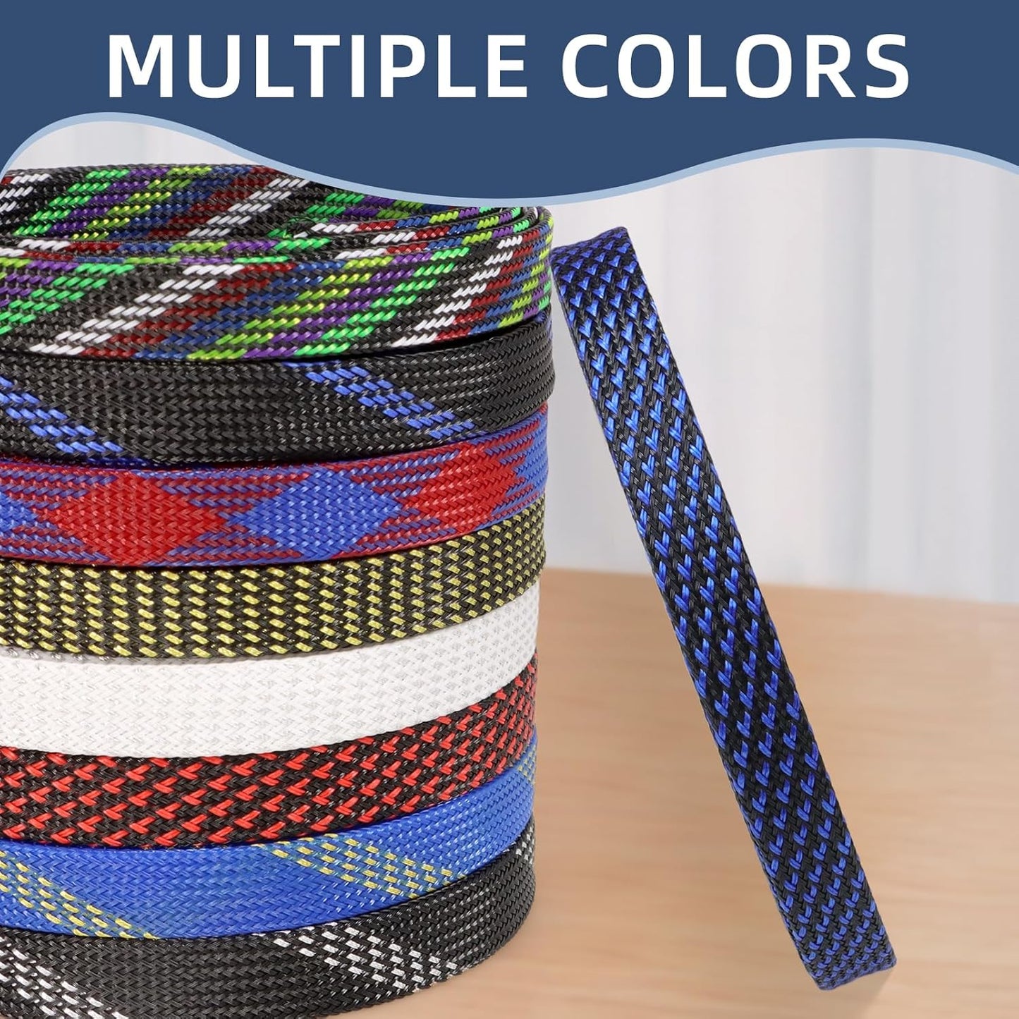 Braided Cable Sleeving, PET Expandable Braided Cable Sleeve, Flexible Mesh Sleeving Cord Management for Audio Video and Other Home Device, Cord Protector from Pets (Black Blue-2, 1/4")