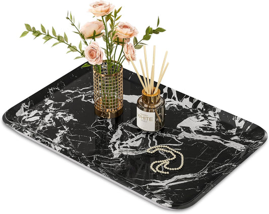 Vanity Decorative Tray, 12" x 8" Black Marble Pattern Perfume Tray, Bathroom & Countertop Organizer for Soap, Jewelry, Candle