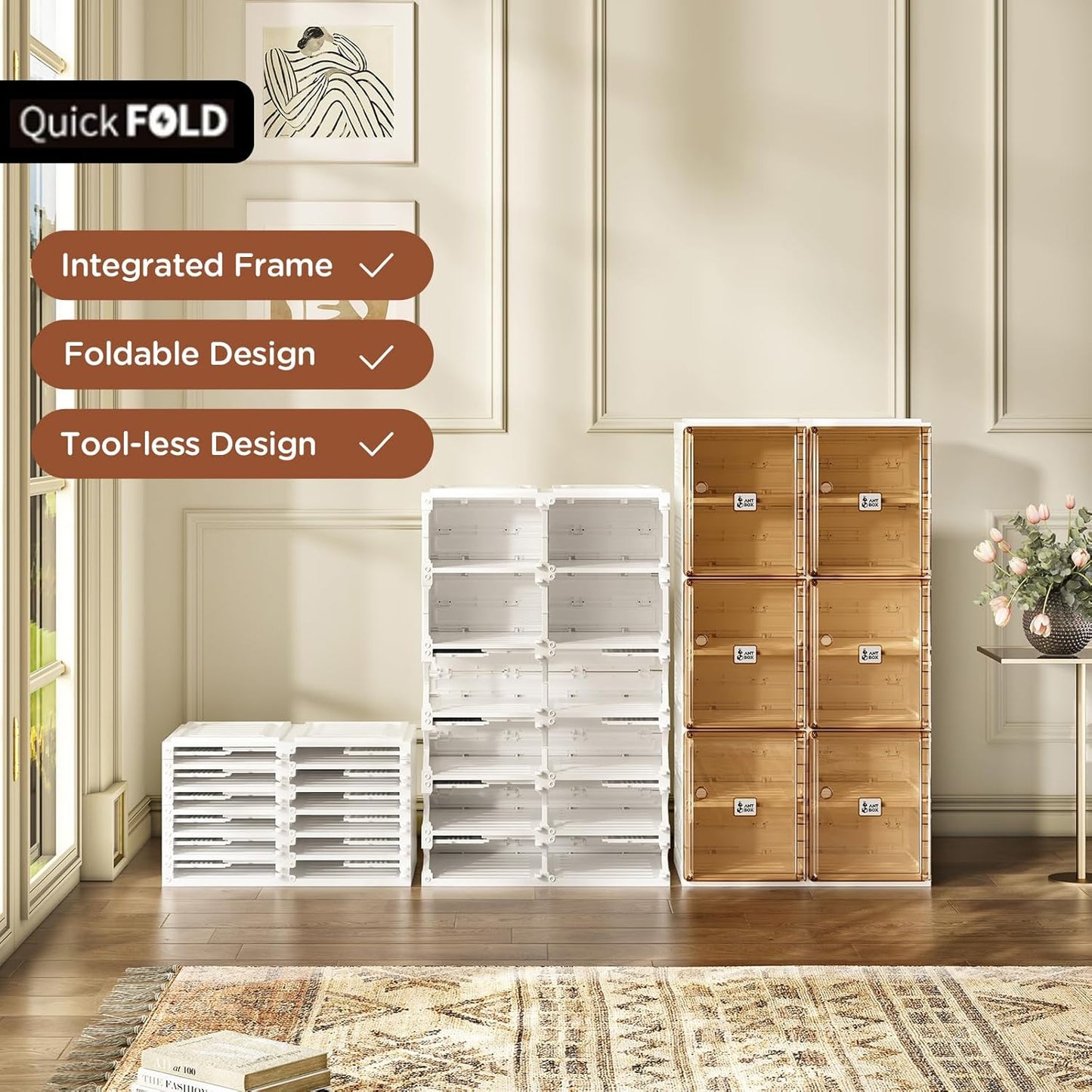 ANTBOX Shoe Organizer Storage Box, Portable Folding Shoe Rack For Closet With Magnetic Clear Door,Large Sneaker Cabinet Bins Sturdy Easy Assembly 6 Layers-12 Grids