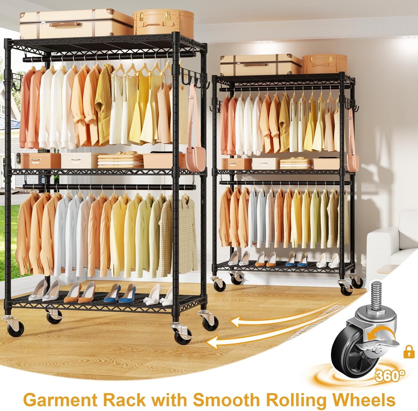 P1 Rolling Clothes Rack, Portable Wardrobe Closet with Wheels, Heavy-Duty Closet Clothing Rack for Hanging Clothes, 35.5" W x 15.7" D x 80.5" H, Hold 500lbs, Black