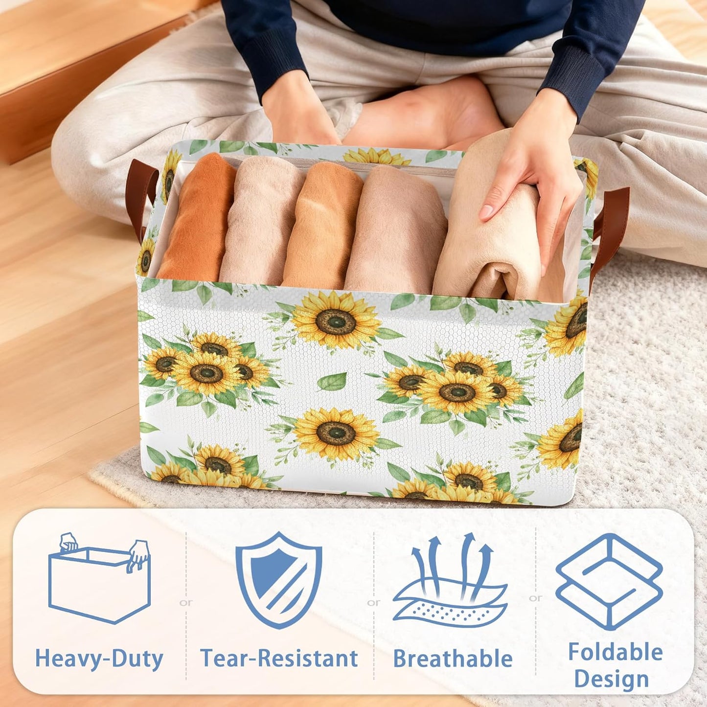Sunflower Storage Basket with Handles,Leaf Collapsible Rectangle Organizer Bin for Room Decoration Books Box Baskets 17x11.5x10Inch