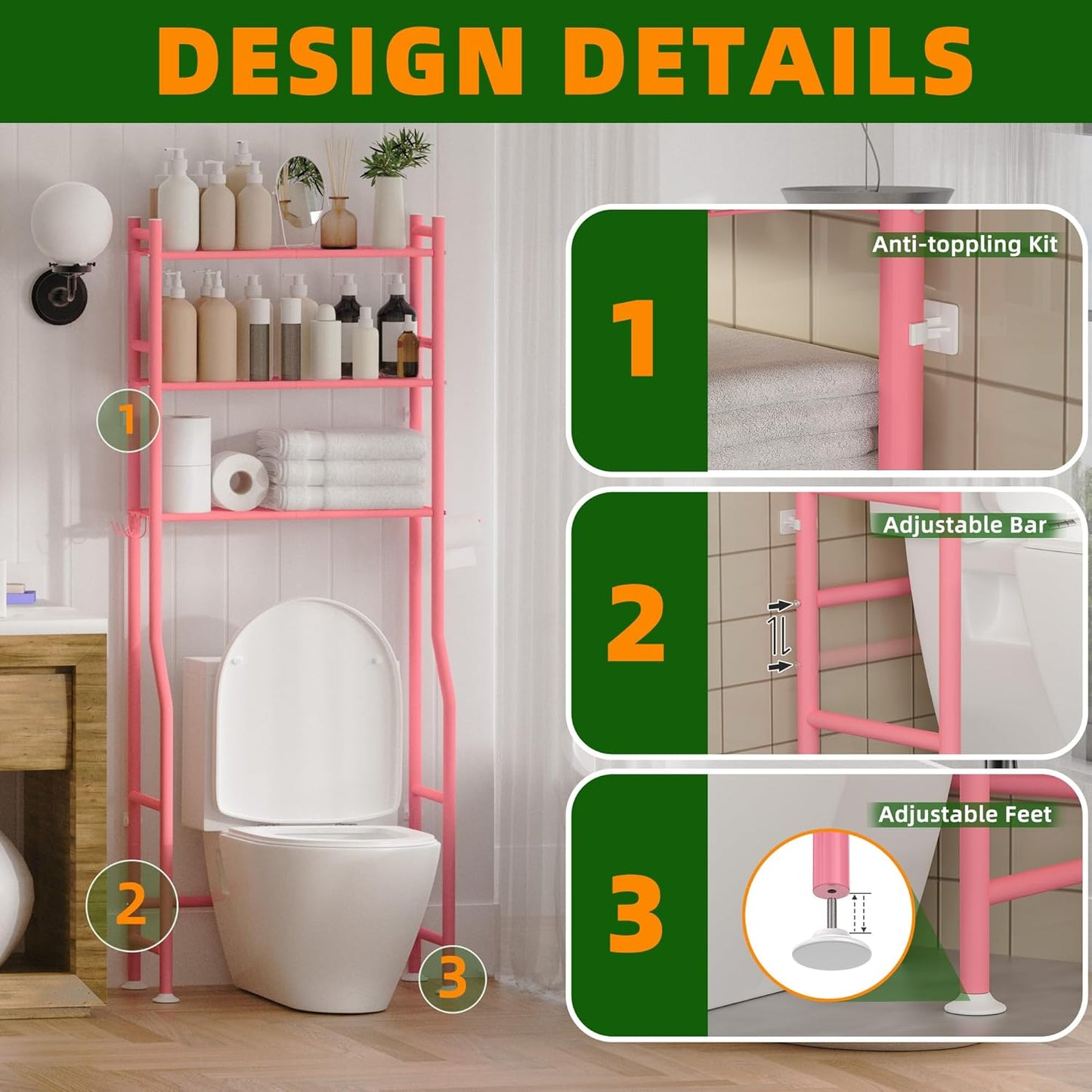 3-Tier Over The Toilet Storage, Space Saver Metal Bathroom Shelves, Freestanding Above Over Toilet Storage Shelf with 4 Hooks for Bathroom, Pink