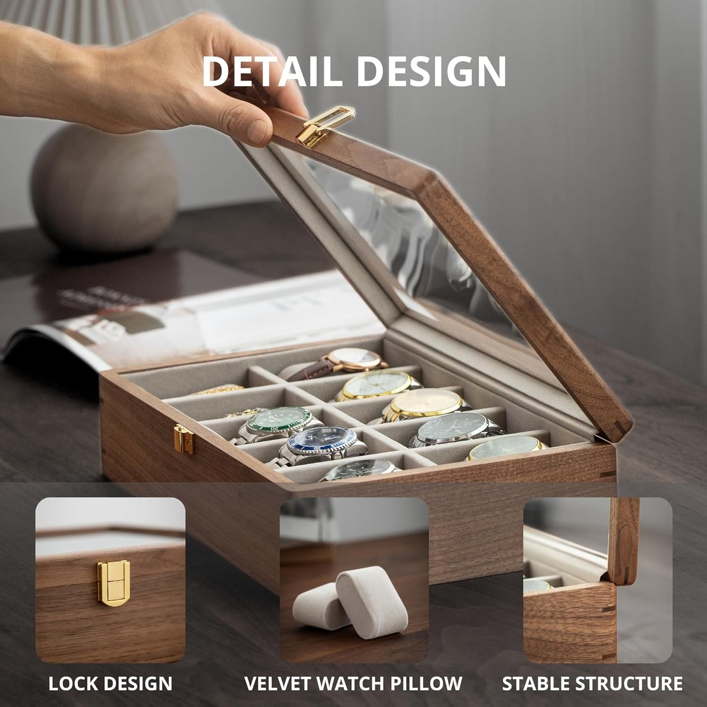 muso wood Watch Display Box, 10 Slot Watch Case for Men, Watch Organizer Box with Glass Lid, Watch Case with Removable Velvet Pillow, Father's Day Gift - 10 Slot, Walnut