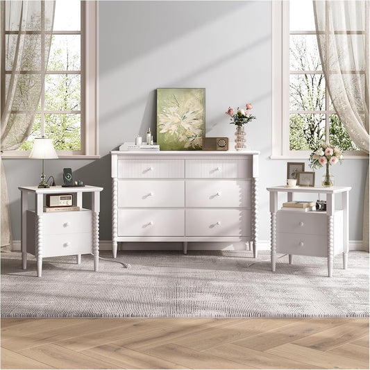 3 Piece Bedroom Set, Vintage 6 Drawer Dresser and Nightstand Sets for Bedroom, Night Stand Set 2 & Kids Dresser with Solid Wood Legs, Chest of Drawers Storage Cabinet Set, White