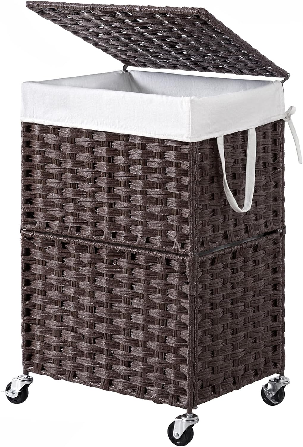 Chrislley 90L Slim Laundry Hamper with Wheels, Rolling Laundry Basket with Lid and Renovable Liner Bag, Handwoven Rattan Organizer for bedroom, bathroom, laundry room (Brown)