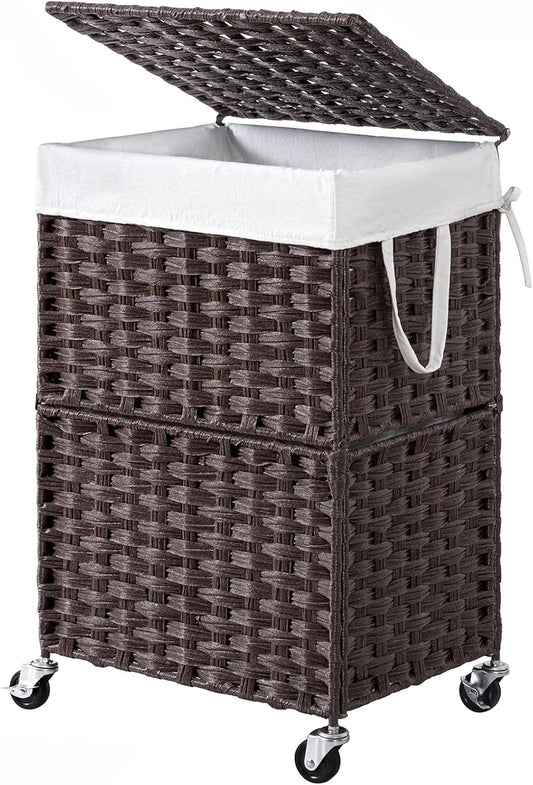Chrislley 90L Slim Laundry Hamper with Wheels, Rolling Laundry Basket with Lid and Renovable Liner Bag, Handwoven Rattan Organizer for bedroom, bathroom, laundry room (Brown)