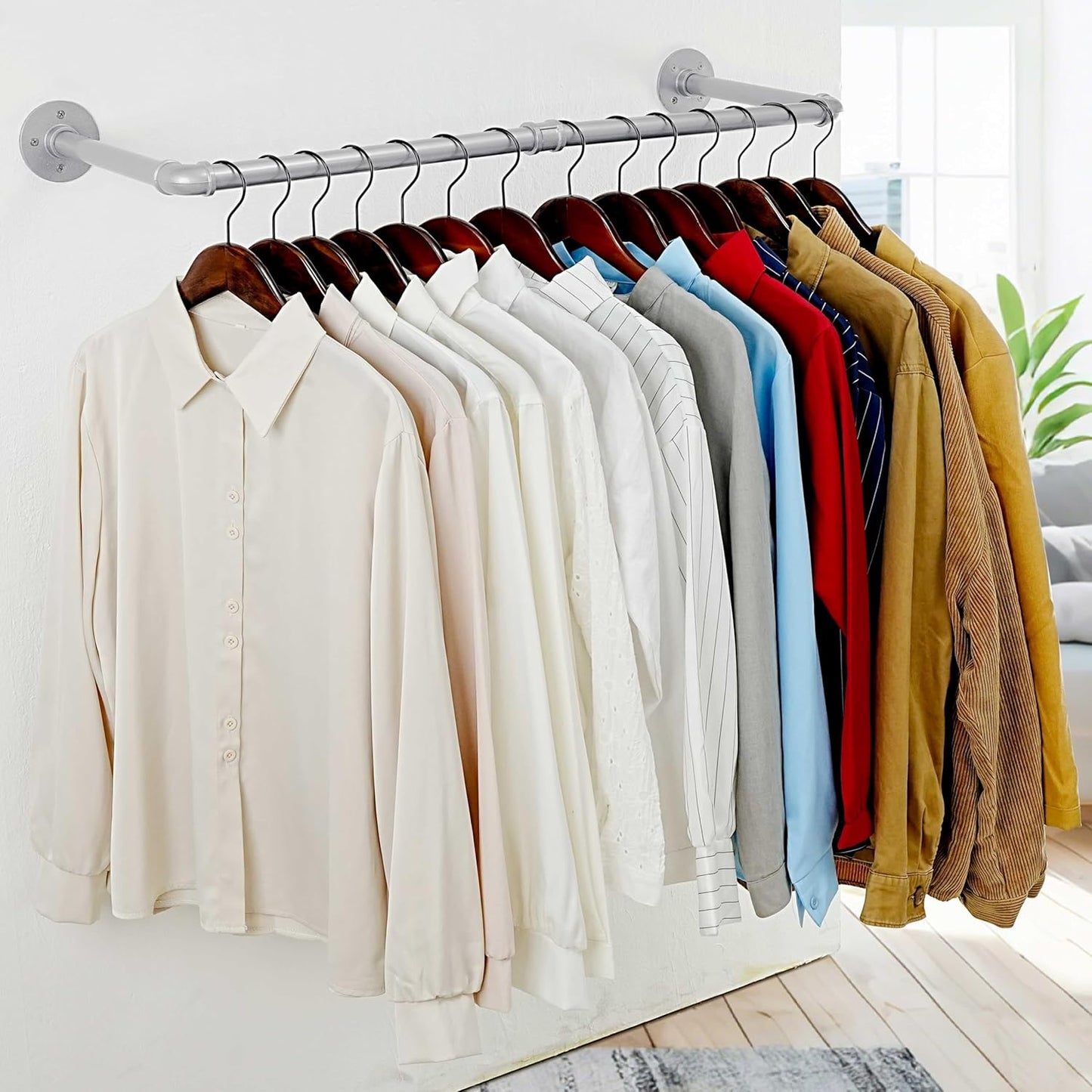 WEBI Industrial Pipe Clothing Rack,32" Wall Mounted Clothes Rack for Hanging Clothes,Heavy Duty Metal Garment Rack Bar Wall Mount Clothing Rod for Closet,Laundry Room,Silver,2 Packs