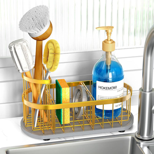 Kitchen Sink Organizer with Sponge Holder & Brush Holder - Drain-Free Non-Slip Base, 2.6mm Stainless Steel with Gold Rust-Resistant Coating - Easy Install & Clean Kitchen Sink Caddy