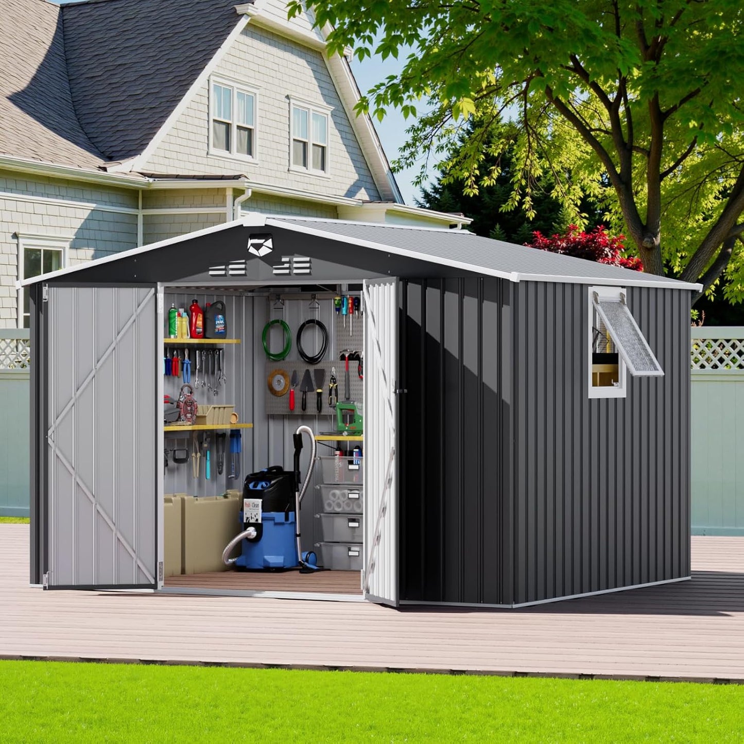 10x8 FT Outdoor Storage Shed, Metal Garden Shed - Tool Storage Sheds with Lockable Doors & 1 Vented Clear Window, Waterproof Outside Storage Building for Backyard, Patio (Black; Floor Not Included)