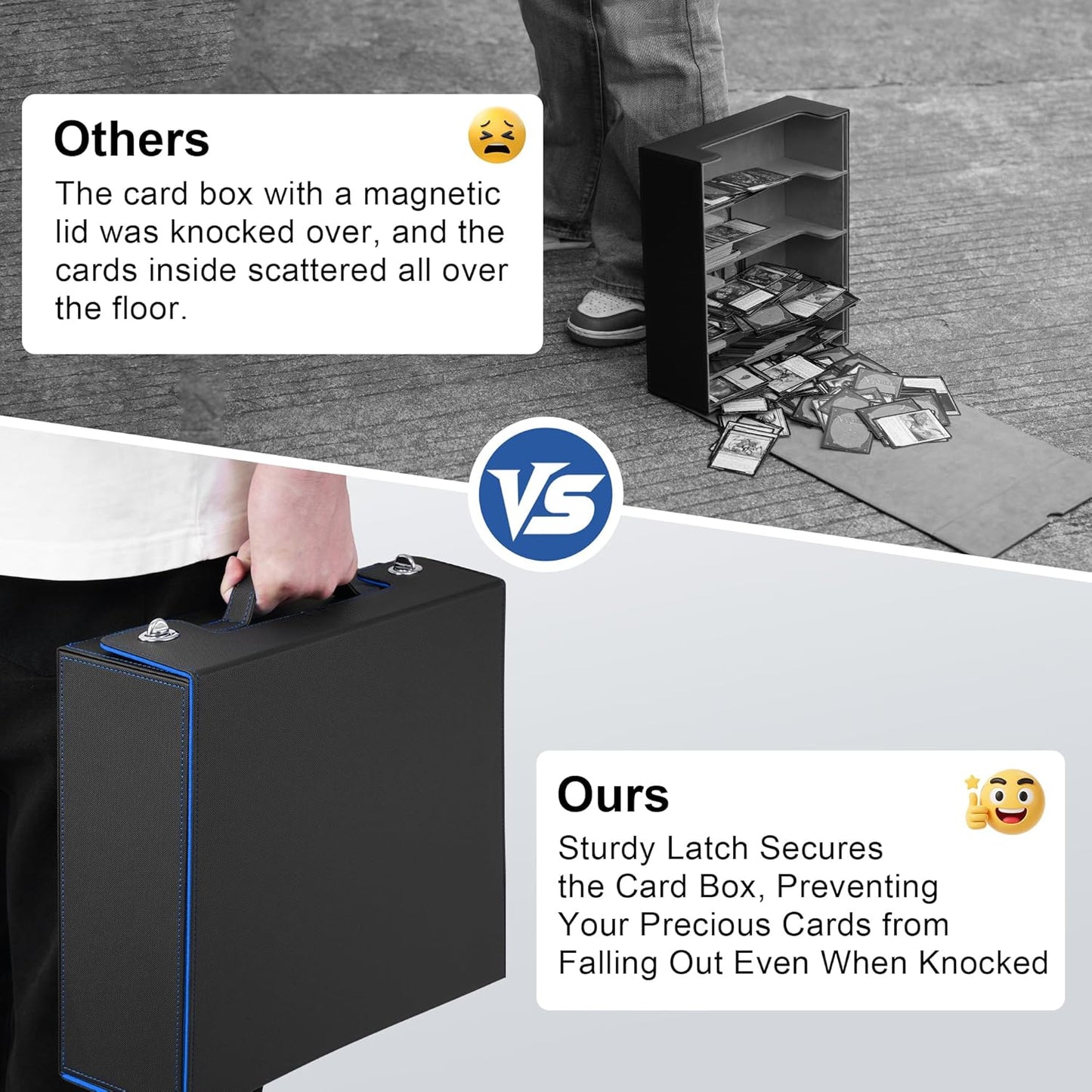 Trading Card Storage Box with Portable Handle, 3000+ MTG Storage Box with 4 Card Stoppers Commander Display Deck Box Card Case Top Loaders MTG TCG Sports Cards Commander Deck Box(Black&Blue)