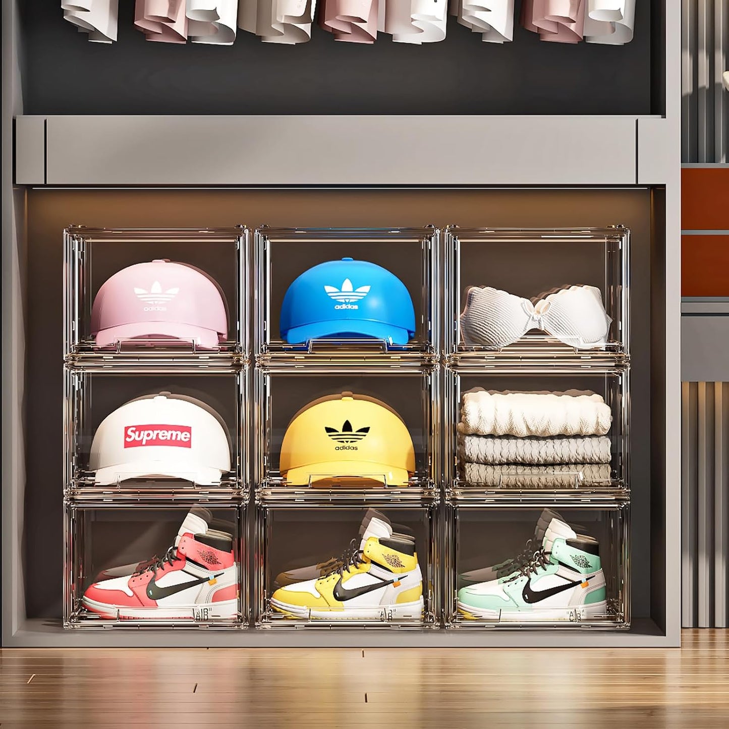 2 Pack Hat Organizer Box for Baseball Caps Organizer, Hat Organizer Box with Sliding Drawer, Hat Holder Storage Organizer, Clear Drawer Stackable for Hats Snapback Cap Storage