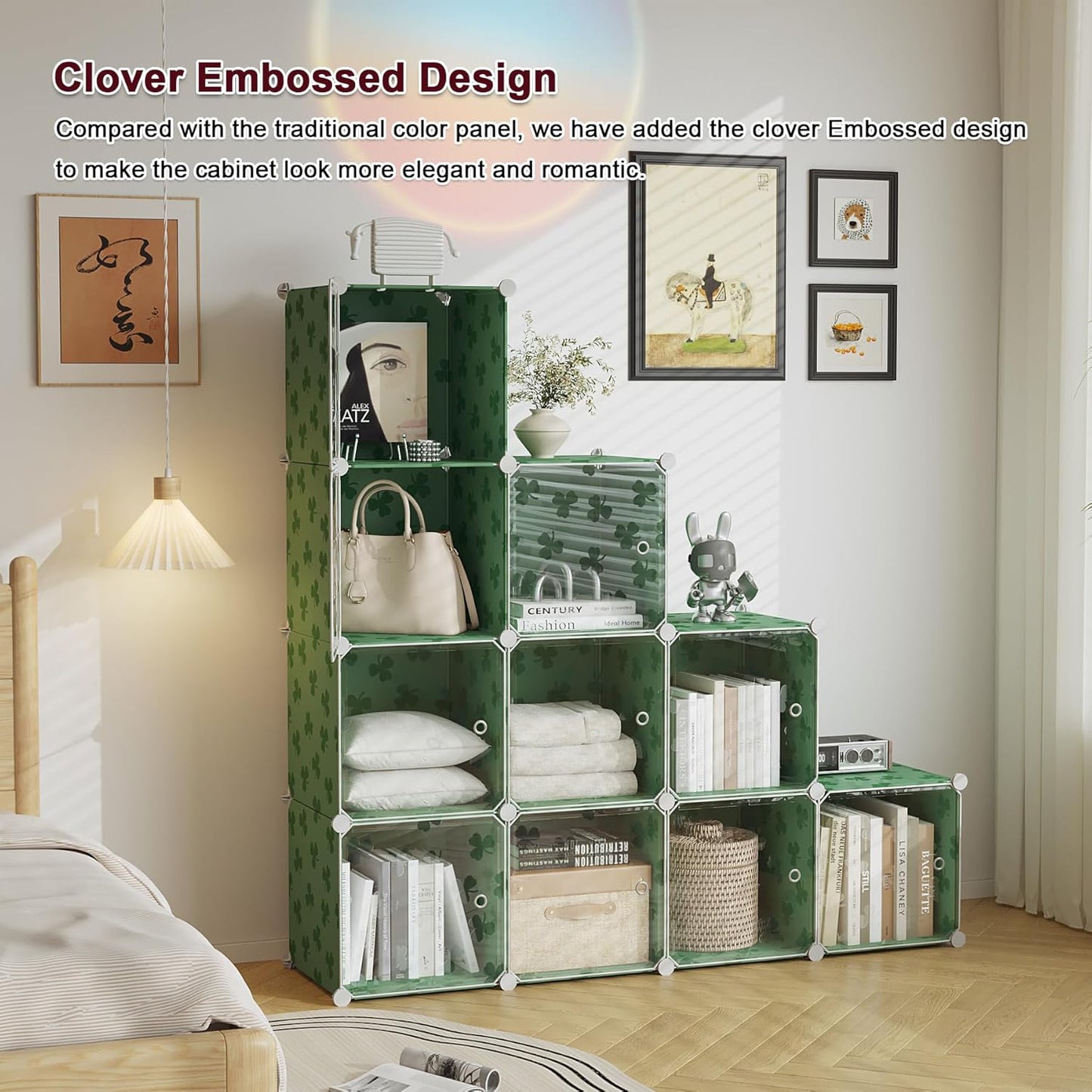 C&AHOME Cube Storage Organizer with Doors, 10-Cube Shelves, DIY Plastic Modular Bookshelf, Closet Clothes Storage Shelving Ideal for Bedroom, Living Room, Clover Embossed, Green