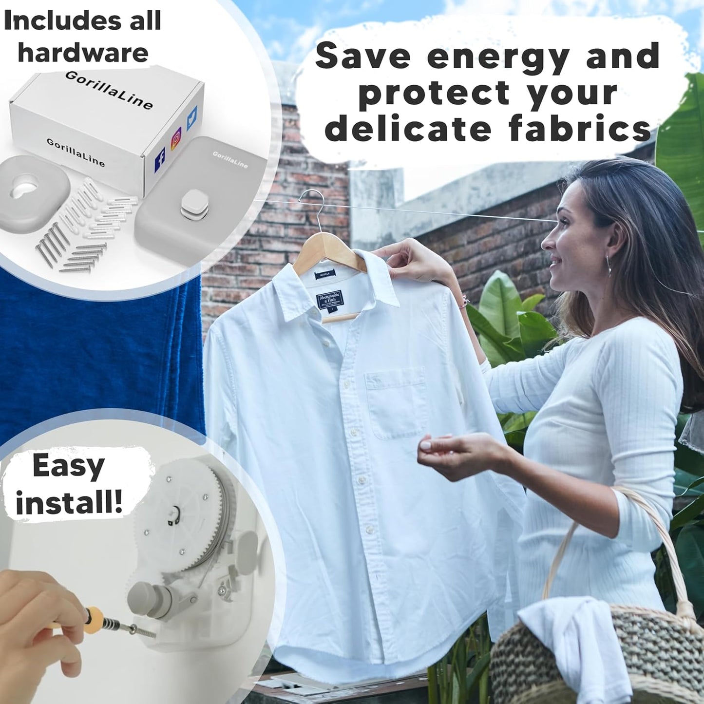 GorillaLine Retractable Clothesline, Indoor and Outdoor, Heavy Duty Wall Mounted Laundry Line, Space Saving Drying Rack for Towels, Sheets and Clothing, Stainless Steel, for Bathroom, Balcony or RV