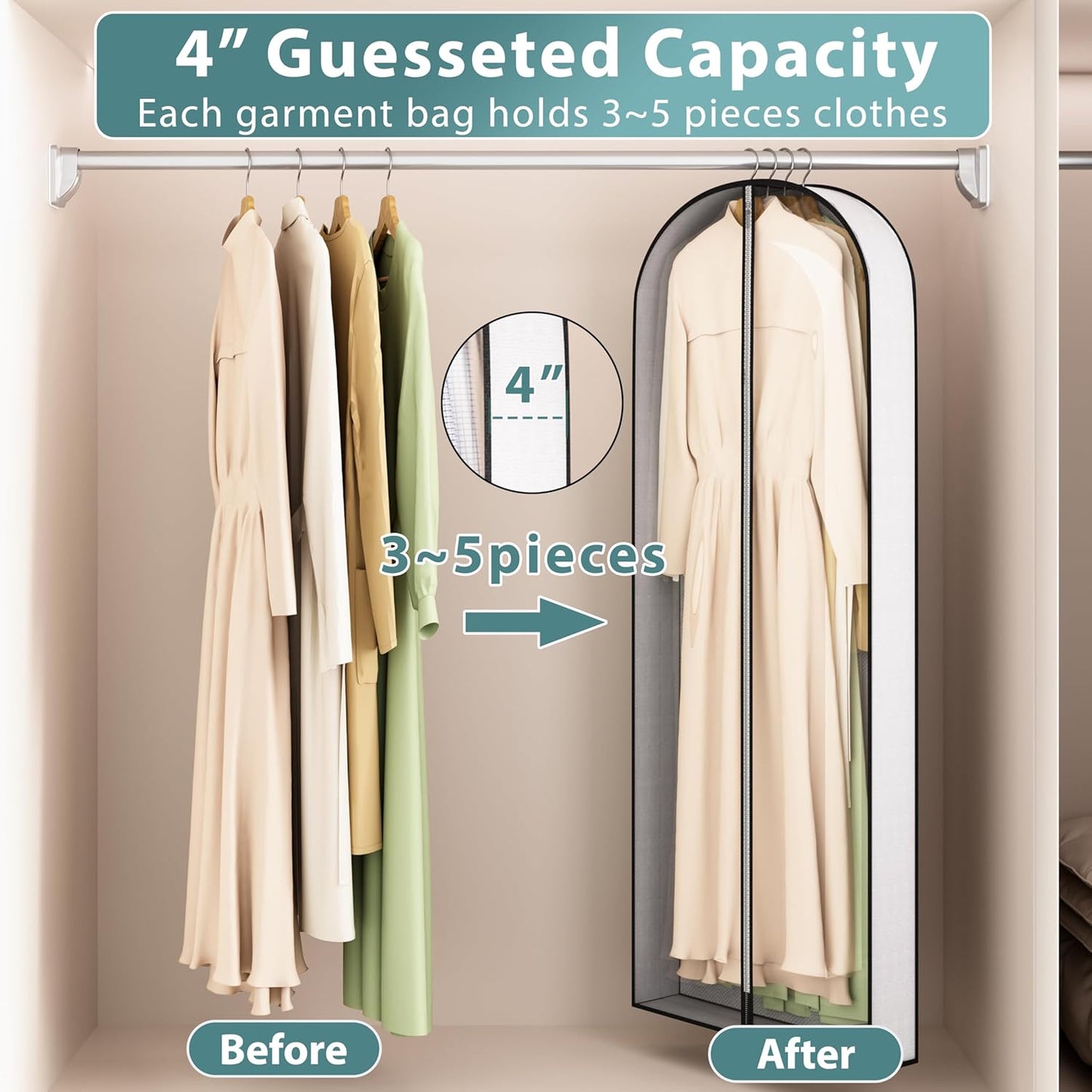 60” Garment Bags for Hanging Clothes 4” Gusseted - with Clear Window, Breathable Fabric, Metal Zipper, Suit Coat Long Dress Protector for Clothes Closet storage, Season Off, Moving, 3 Pack