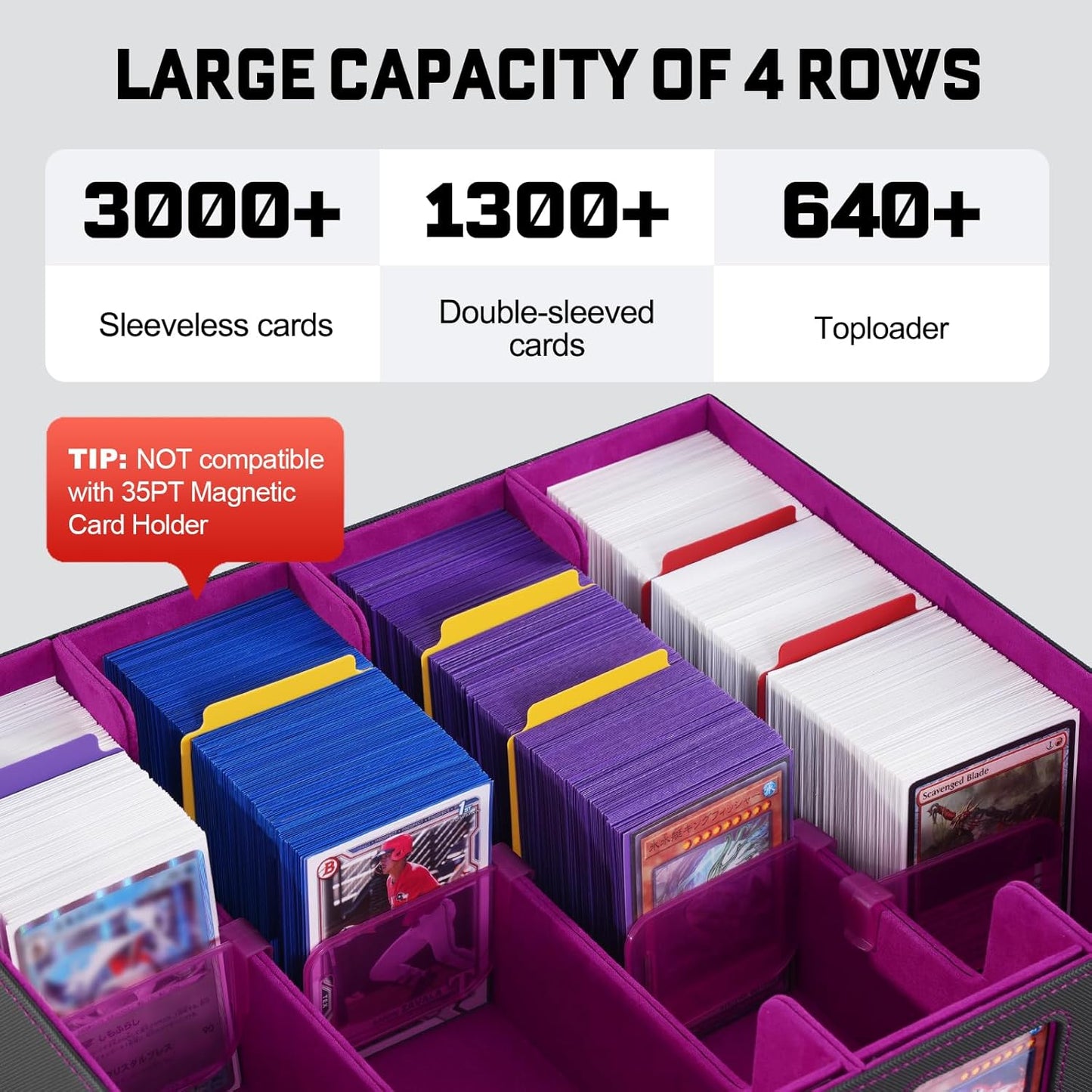ZLCA MTG Storage Box 4-Row with Handle, MTG Deck Box Holds 3000+ Trading Cards with Portable Handle Dice Tray, Commander Storage Card Case for Toploader TCG PTCG Sport Card(Black&Purple)