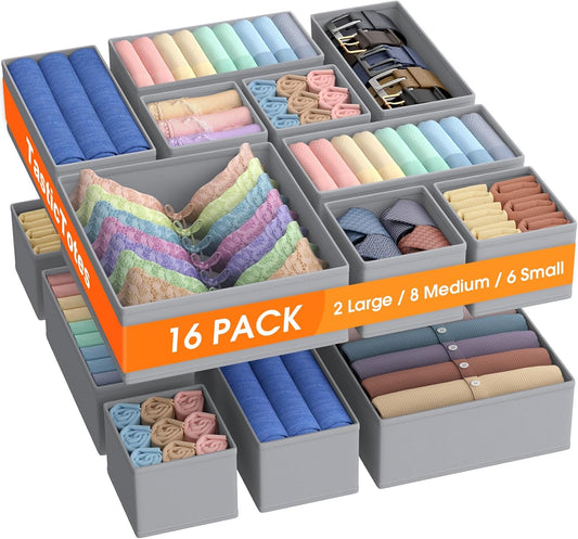 Drawer Organizer Clothes, 16 Pack Drawer Organizers and Underwear Organizer for Nursery, Dividers Clothes Organizer, Closet Organization and Foldable Storage Bins for Socks, Bra, Tie, Grey