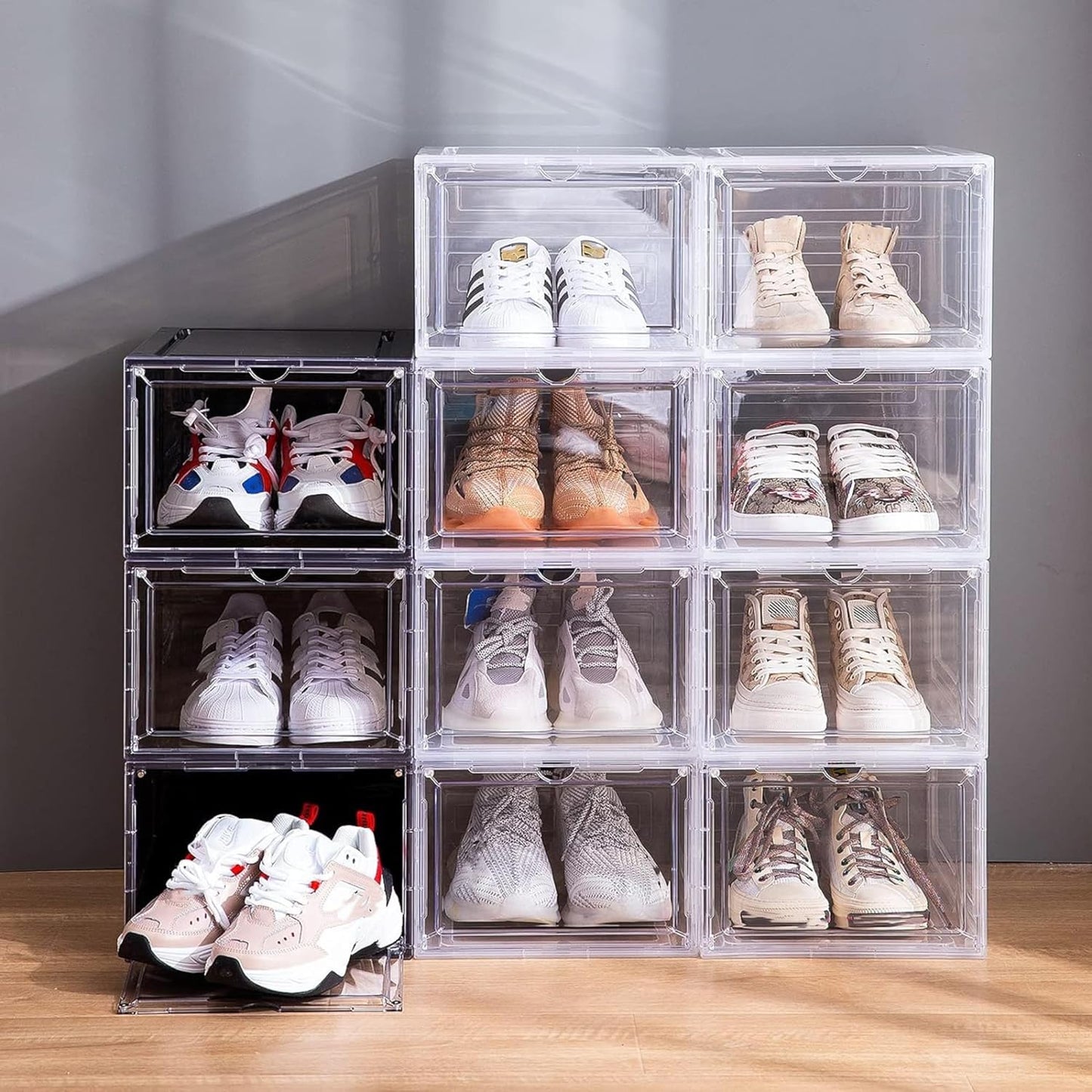 Attelite X-Large Clear Plastic Shoe Boxes - Stackable Shoe Organizer with Magnetic Door (9 Pack, Clear White)