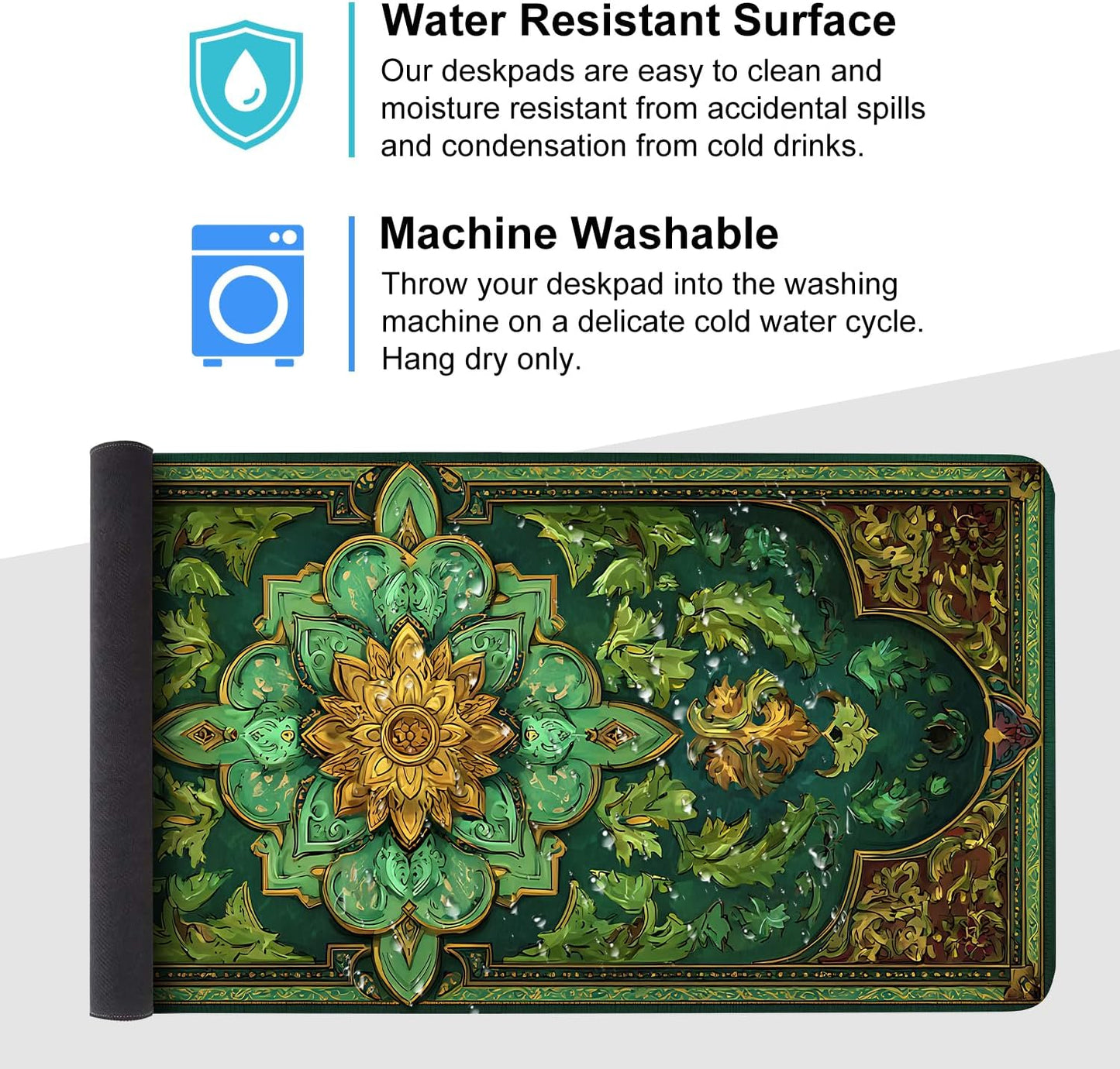 Green Vintage Floral Mouse Pad – Large Extended Desk Mat 35.43 x 15.75 in – Ornate Oriental Carpet Design with Gold & Emerald Motif, Waterproof Surface,Keyboard & Mouse Pad for Office & Home