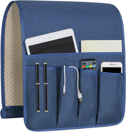 NB Sofa Armrest Organize remote holder bedside caddy organizer with 5 pockets，non-slip couch remote control holder couch armchair caddy accessories (Blue, 35"x12.4")