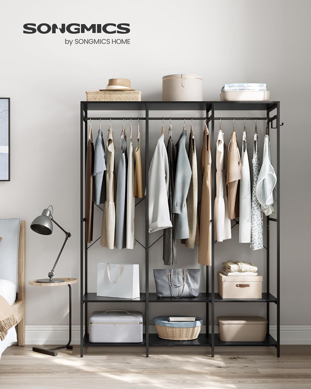 SONGMICS Clothes Rack, Iron and Wood Wardrobe Closet Organizer, Heavy Duty Garment Rack with Hanging Rods, Closet Shelves, Removable Hooks, 15.7 x 55.5 x 70.9 Inches, Ebony Black URGR005B56