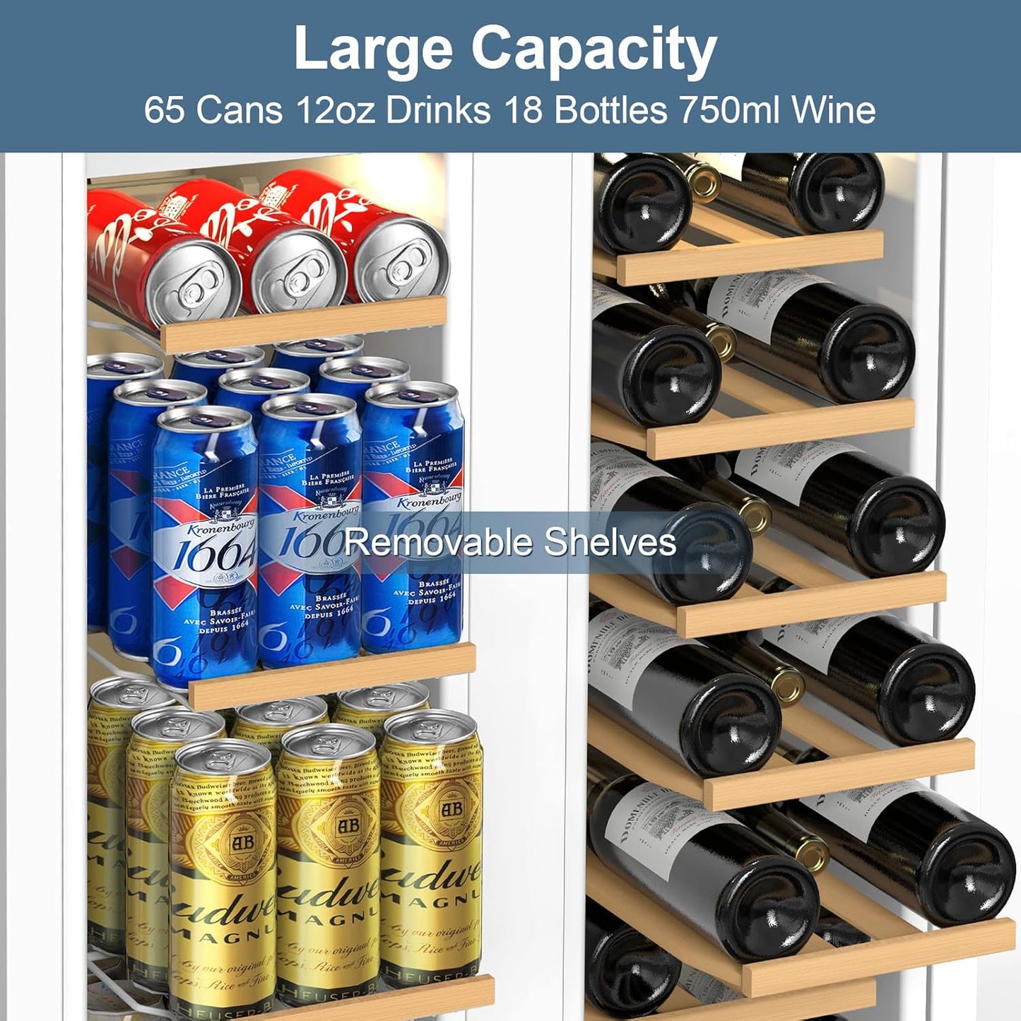 Wine and Beverage Refrigerator, 24 Inch Beverage Cooler Dual Zone with Glass Door, Under Counter Beverage Fridge with Upgraded 65 Cans 18 Bottles Large Capacity, White