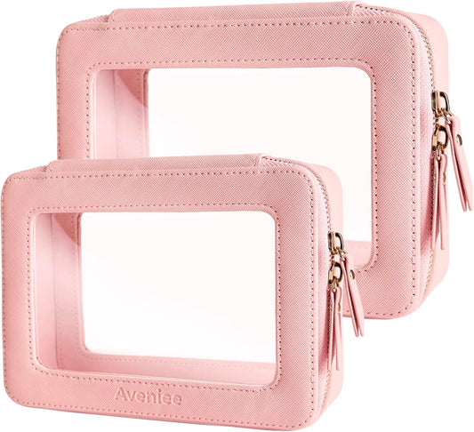 Aveniee Clear Makeup Bag Organizer Set,Portable Travel Toiletry Case for Women, Vegan Leather Cosmetic Pouch Car Bag for Essentials 2pcs,Middle & Large,Pink