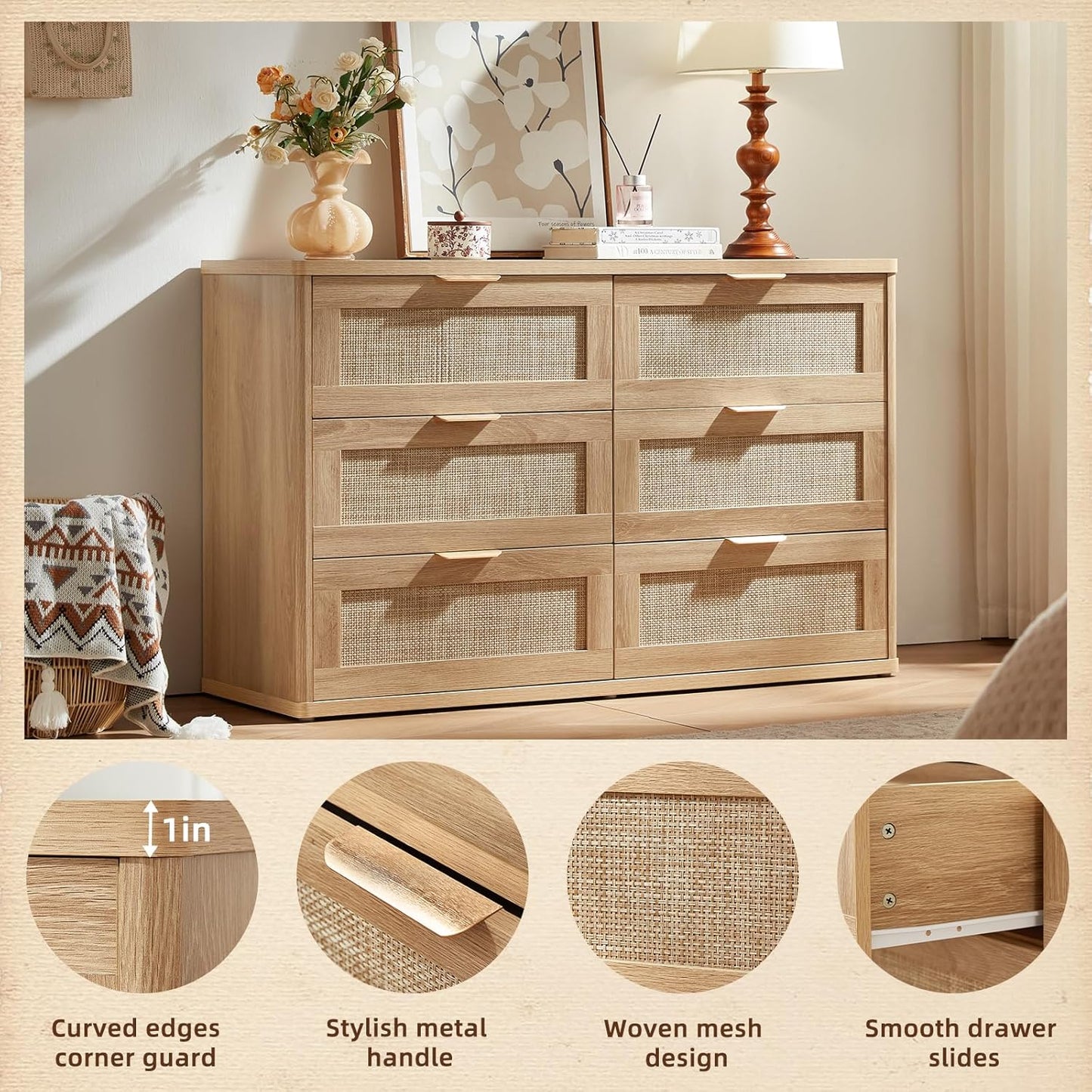 LEYAOYAO Rattan Dresser for Bedroom Set of 2, Boho 48" Wide 6 Drawer Dresser Chest of Drawers, Natural Wood Dressers TV Stand with Metal Handle, Storage Dressers Organizer for Living Room, Hallway