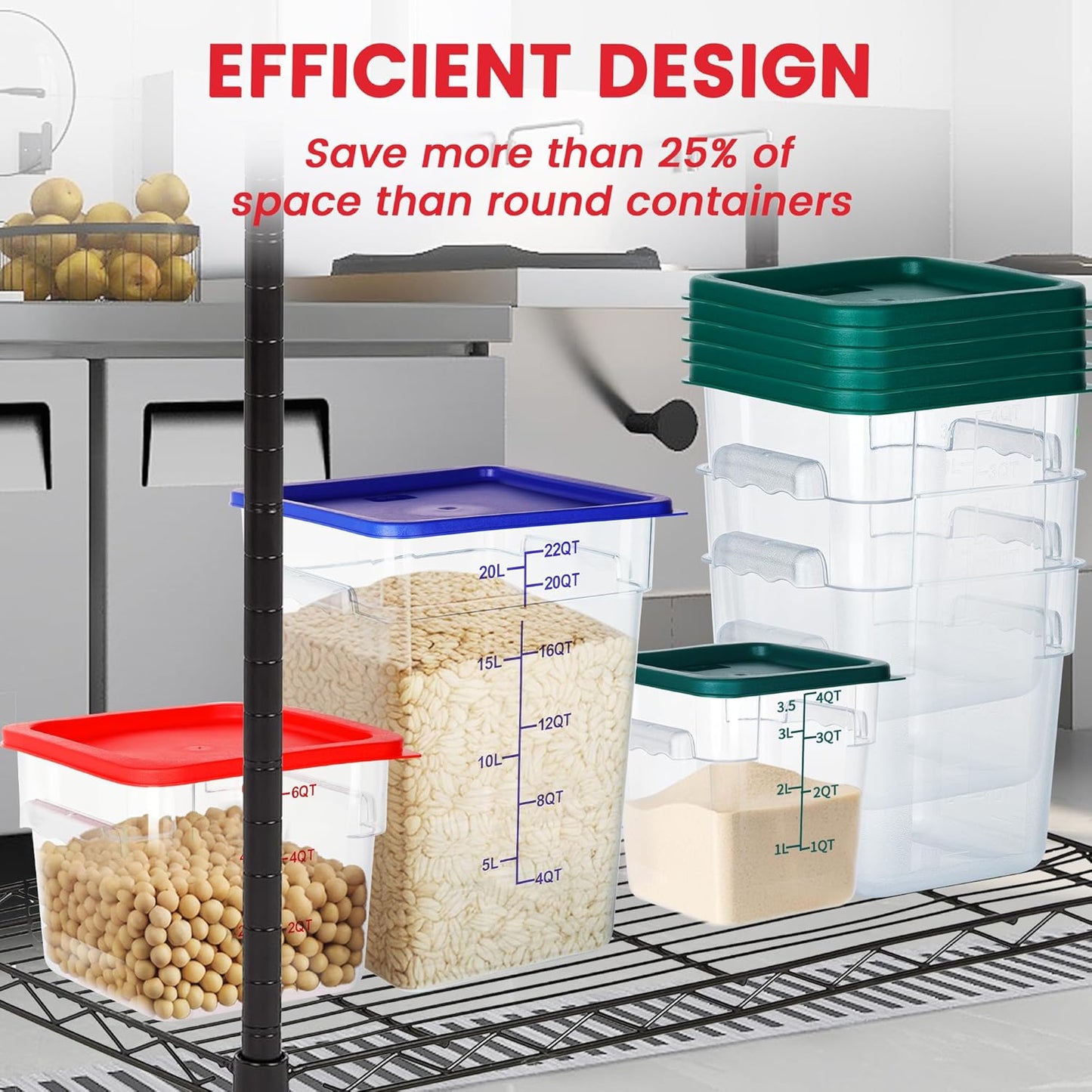 4 Pack Food Storage Containers, 6 Quart with Lids, Square Commercial Containers with Scale, NSF, Polycarbonate, Clear
