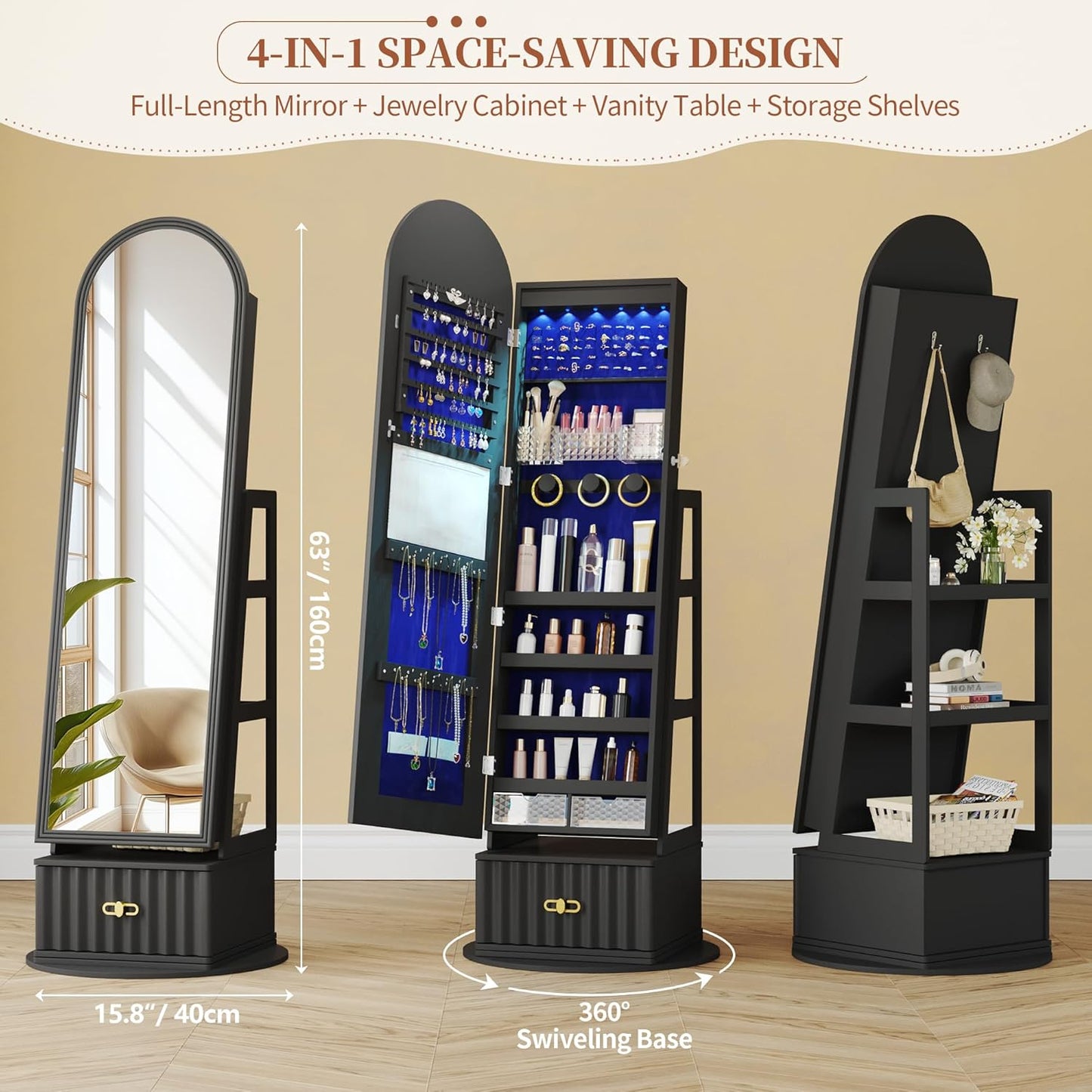 63" Full Length Mirror Jewelry Cabinet with Storage – Rotating, Lockable Jewelry Armoire with Velvet Lining, Standing Organizer for Women – Ideal Gift for Jewelry Storage & Display, Black