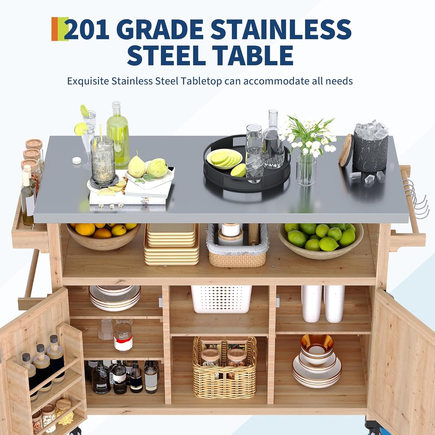 Outdoor Grill Cart with Storage Cabinet, Wood Outdoor Kitchen Island on Wheels, Grill Cart Table with Stainless Steel Table Top, Spice Rack, Towel Rack & Lockable Wheels for Kitchen,BBQ, Natural