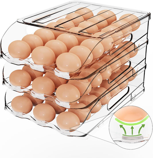 Egg Holder for Fridge, Automatic Steady Rolling Egg Dispenser with Silicone Bumpers & Handle for Refrigerator, Large Capacity Egg Organizer with Lid