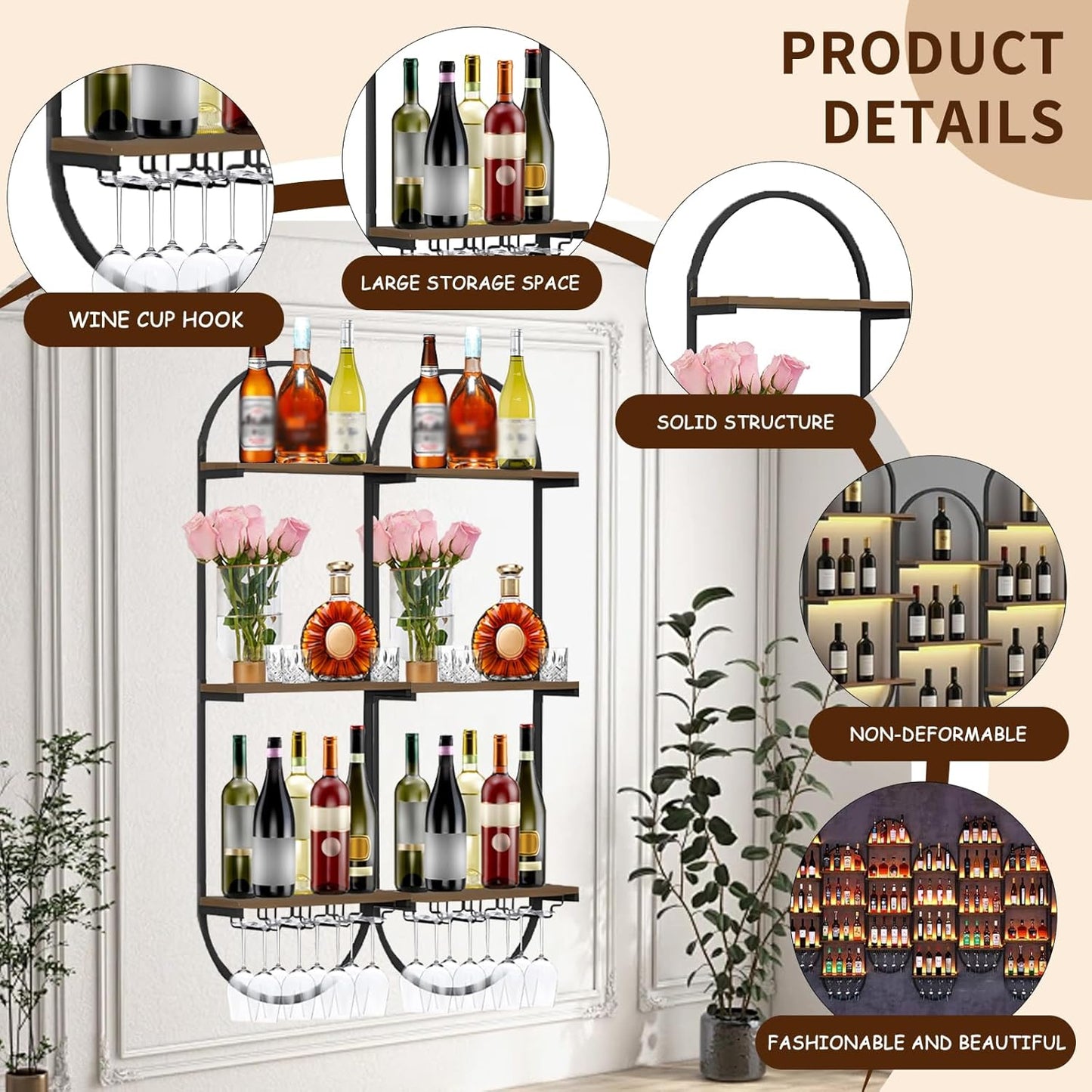 Wall Mount Wine Rack, 3-Tier Metal Oval Design Wine Rack Wall Mounted, Wine Bottle Holder for Home Bar, Wine Kitchen Storage Liquor, Champagne(Black, 6PCS)