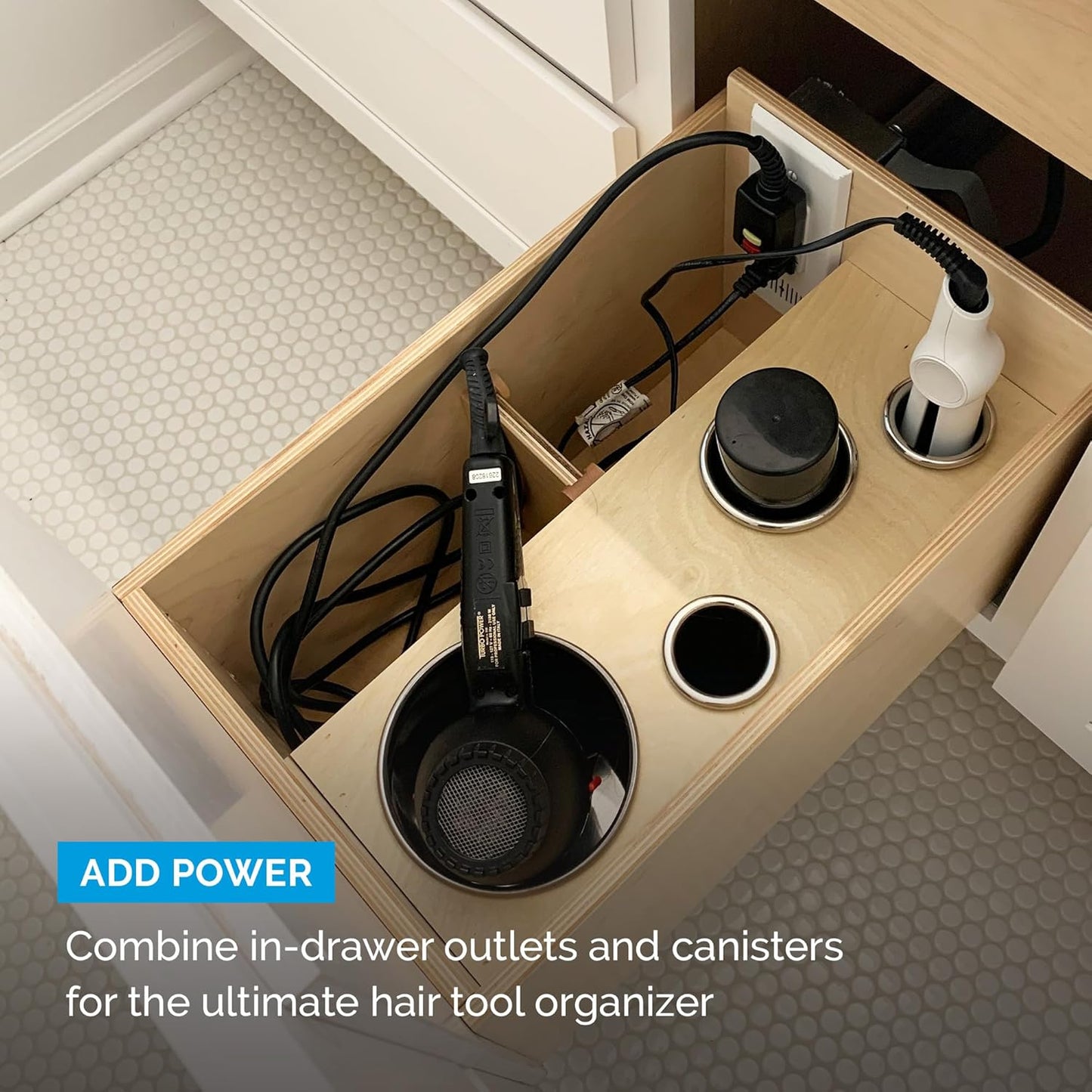 Docking Drawer 2.0" Canister for Hot Tools, Hair Dryer, Curling Iron, and Flat Iron Holder Tube RIng Capped Stainless Steel
