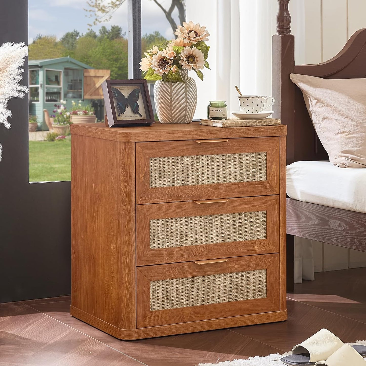 LEYAOYAO Rattan Night Stand Set of 2 with Charger Station, 23" Large 3 Drawer Boho Nightstand, Tea Brown Bedside Table Storage Cabinet, Bed Side End Tables for Bedroom, Living Room, Hallway