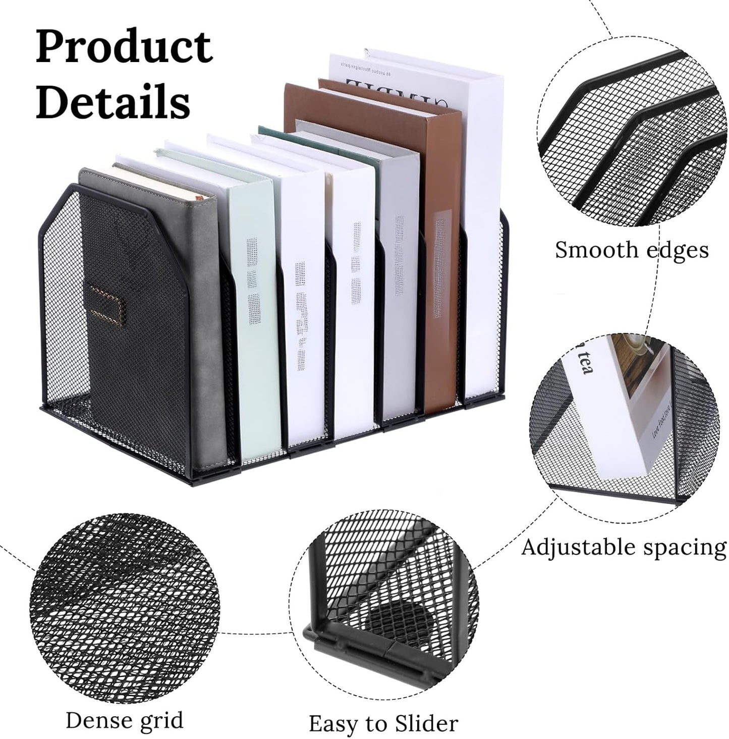 Metal Mesh File Organizer, Adjustable 7 Section Vertical Desk File Holder, Black Office Heavy-Duty Document Sorter for Books Binders, Laptops