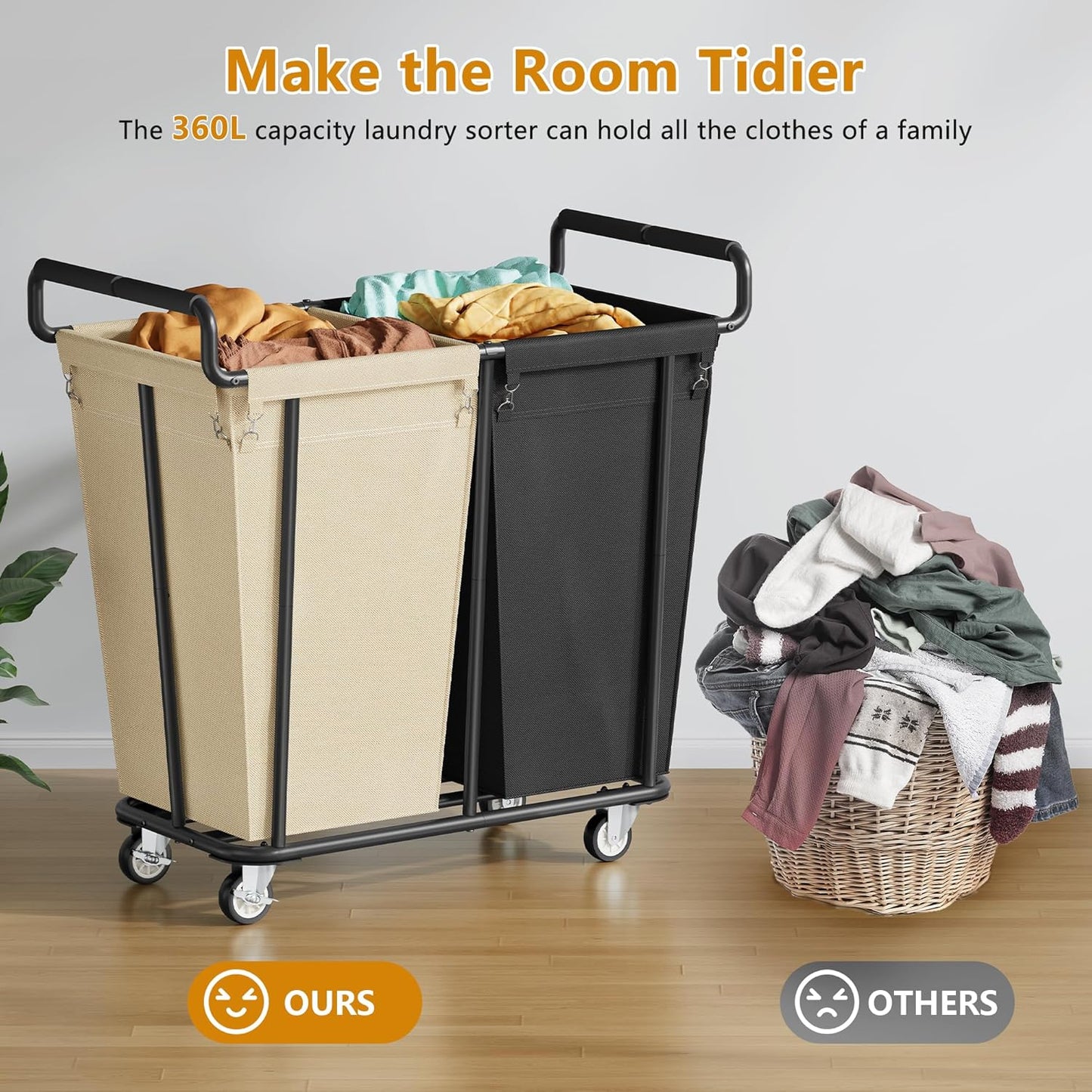 Large laundry hamper with Wheels, 2 Bag 360L Big Rolling Laundry Basket Sorter Cart, Extra Large Laundry Clothes Hamper, Heavy Duty Laundry Basket Organizer for Laundry Room,Bathroom