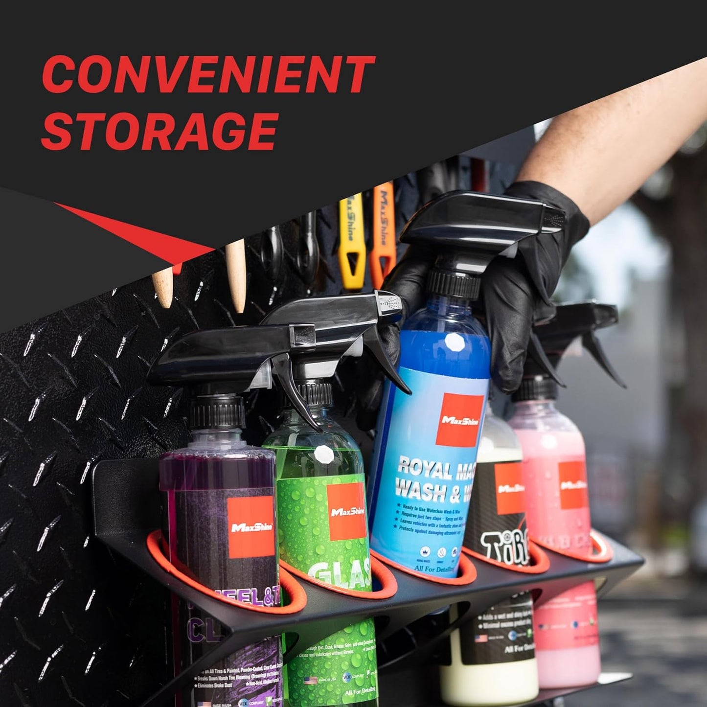 Maxshine Universal Detailing Spray Bottle Holder, Set of 6 | Wall-Mounted Organizer Holds 5 Spray Bottles (16oz/32oz) with 4 Small Holes | Lightweight Rack for Garage Storage & Mobile Detailing