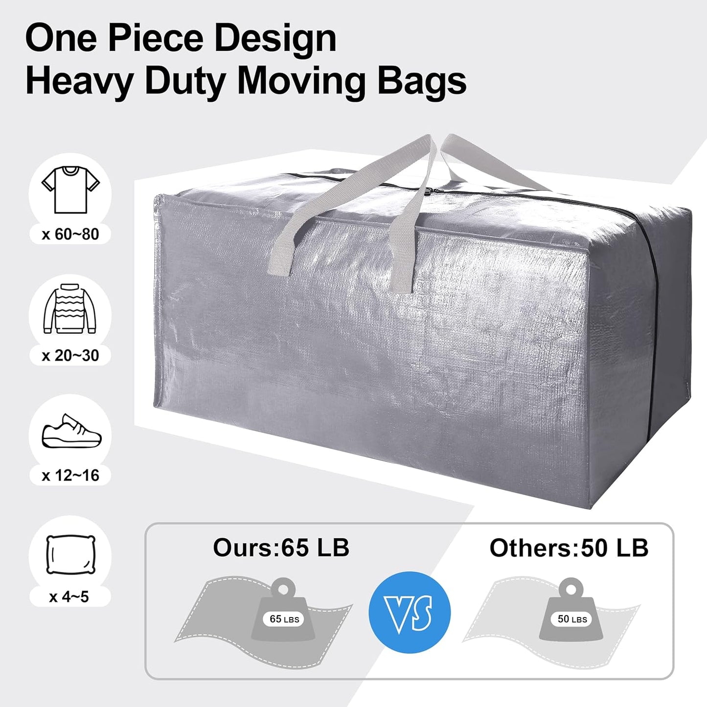 12 Pack Heavy Duty Extra Large Moving Bags W/Backpack Straps - Strong Handles & Zippers, Storage Totes For Space Saving, Fold Flat, Alternative to Moving Box and Storage Bin, Silver