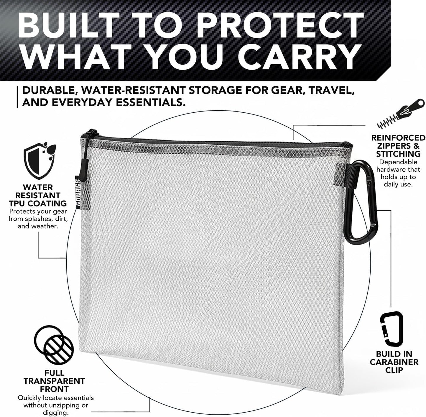 GOBAGS Air Production Large Clear Zipper Pouch (4‑Pack) – Cable Organizer & Travel Gear Bag for Electronics, Camera Accessories, Tool Pouch & Small Tech Storage