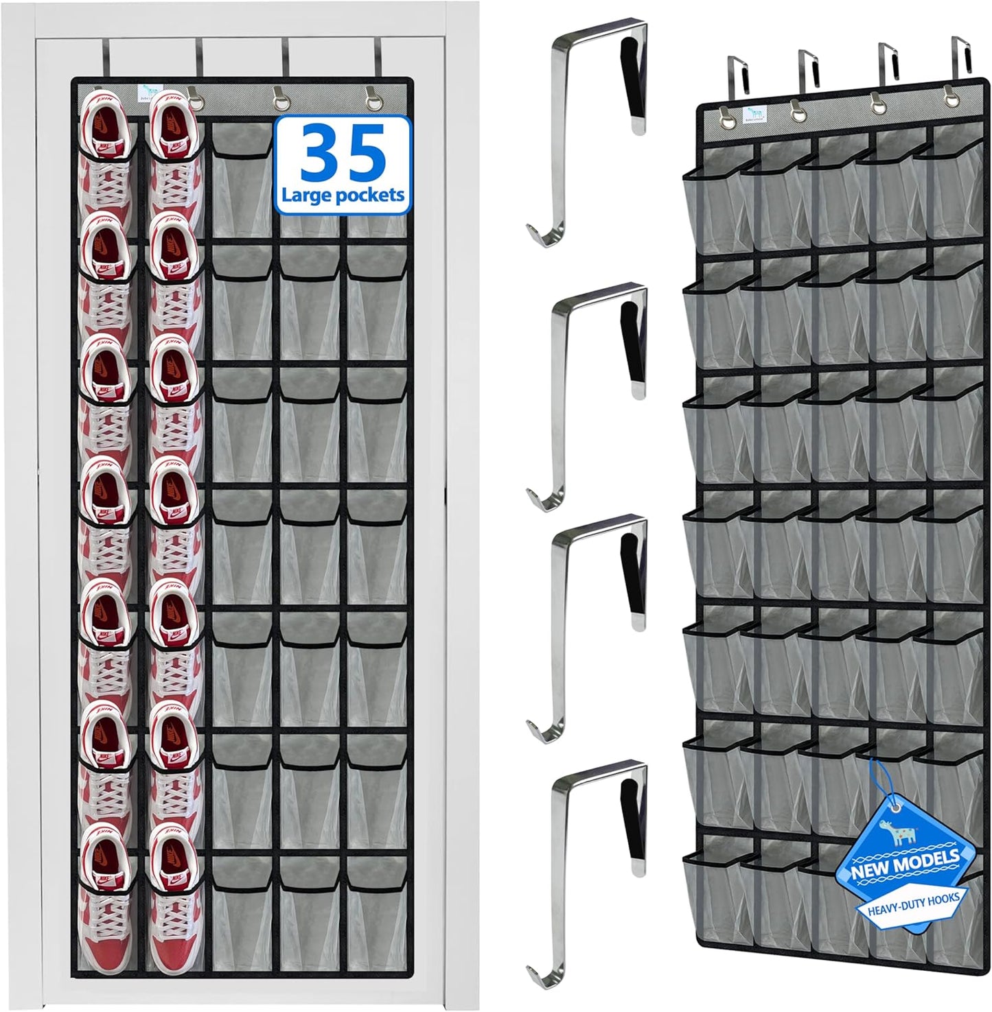 over the door shoe organizer,2025 upgraded,over door shoe organizer,35 Huge clear pockets,over door shoe organizer,Store size 13 shoes,hooks Suitable for various doors,Grey