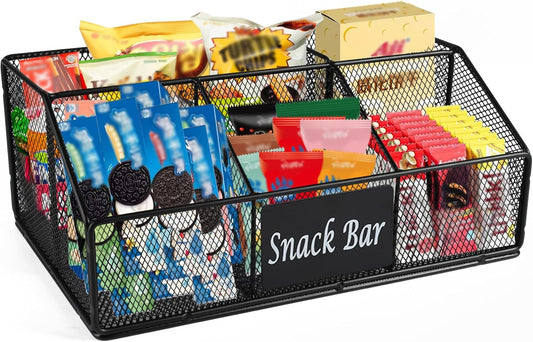 Metal Wire Snack Display Baskets,5-Compartment Snacks Storage Bin for Countertop,Office,Party,Bedroom,Kitchen,Pantry Shelf,Snacks Cabinet Dispenser Caddy for Chips,Packets