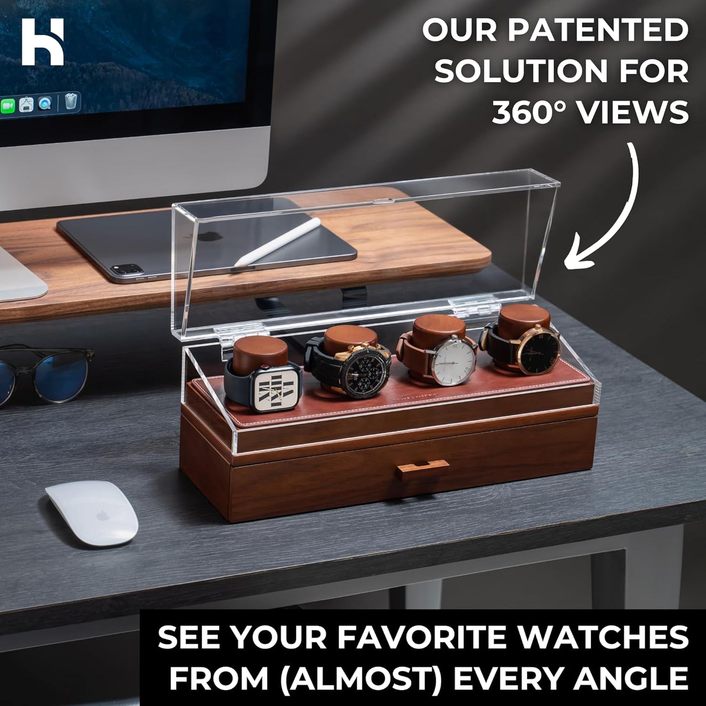 Holme & Hadfield Premium 4 Slot Watch Box for Men - Wooden Watch Display Case with Hinged Cover, Leather Lining & Drawer - Watch Holder Organizer Stand - Handcrafted Luxury Christmas Gift for Men