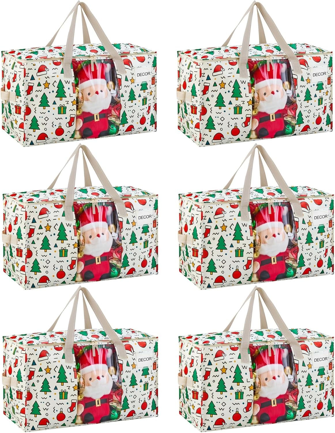 VENO 6 Pack Moving Bags, Large Christmas Storage Bins with lids, Packing Supplies for College, Alternative to Moving Boxes, Foldable, Heavy-Duty Tote, Christmas Pattern (Jingle Mix, 6 Pack)