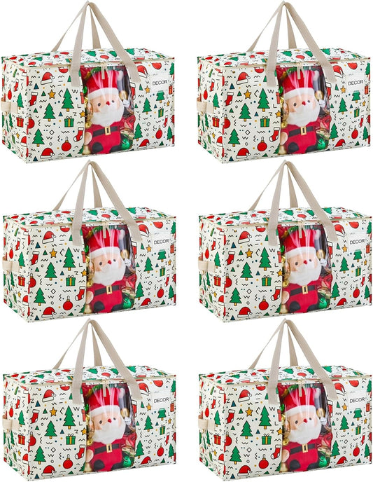 VENO 6 Pack Moving Bags, Large Christmas Storage Bins with lids, Packing Supplies for College, Alternative to Moving Boxes, Foldable, Heavy-Duty Tote, Christmas Pattern (Jingle Mix, 6 Pack)