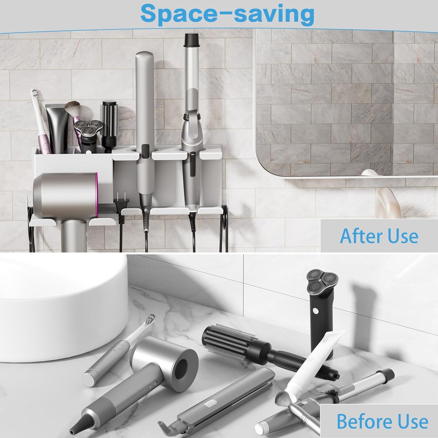 Hair Dryer Holder, Hair Tool Organizer Wall Mount, Metal Blow Dryer Holder, Curling Iron Holder, Curling Iron, Hair Dryer Wall Mount, Bathroom Accessories Tools Organizer, White