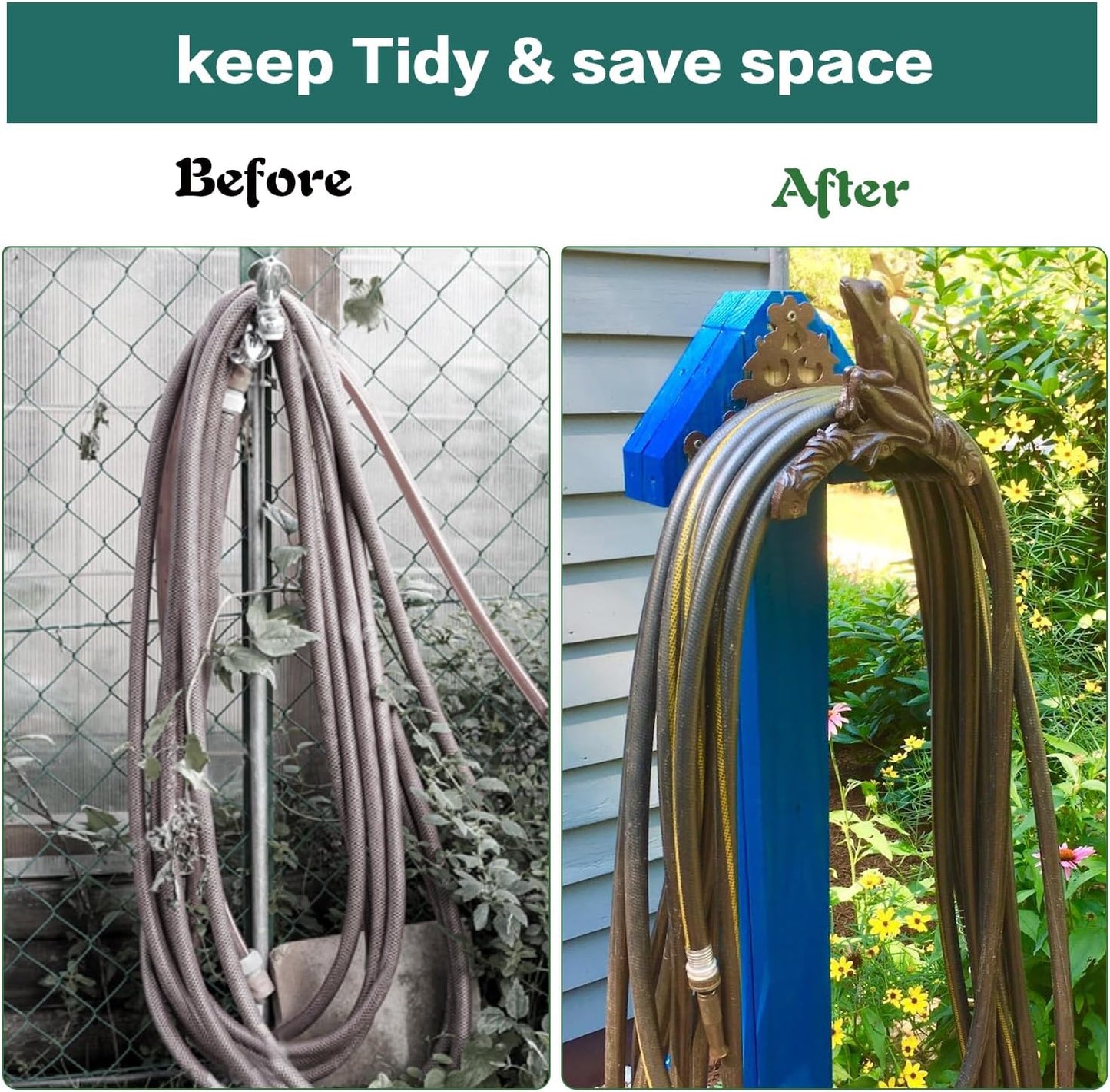Sungmor Heavy Duty Cast Iron Garden Hose Holder | Water Hose Hanger Wall Mounted | Decorative Indoor Outdoor Hose Rack Reel | 50FT 75FT 100FT Water Hose Bulter Storage | Lovely Frog Metal Hose Stand